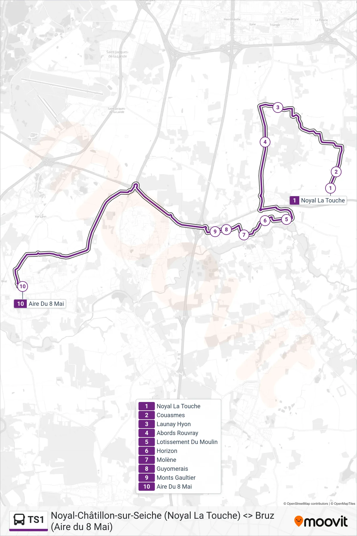 Tracé et arrêts de la ligne TS1 de bus (Bruz) sur une carte