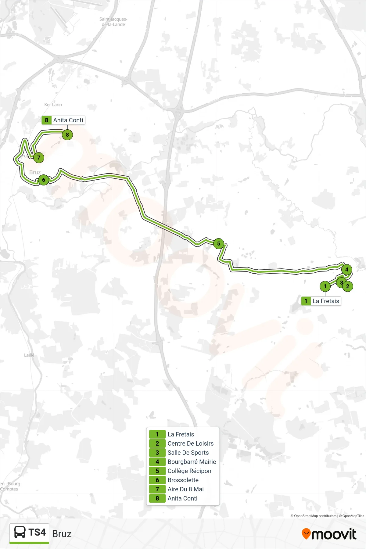 Tracé et arrêts de la ligne TS4 de bus (Bruz) sur une carte