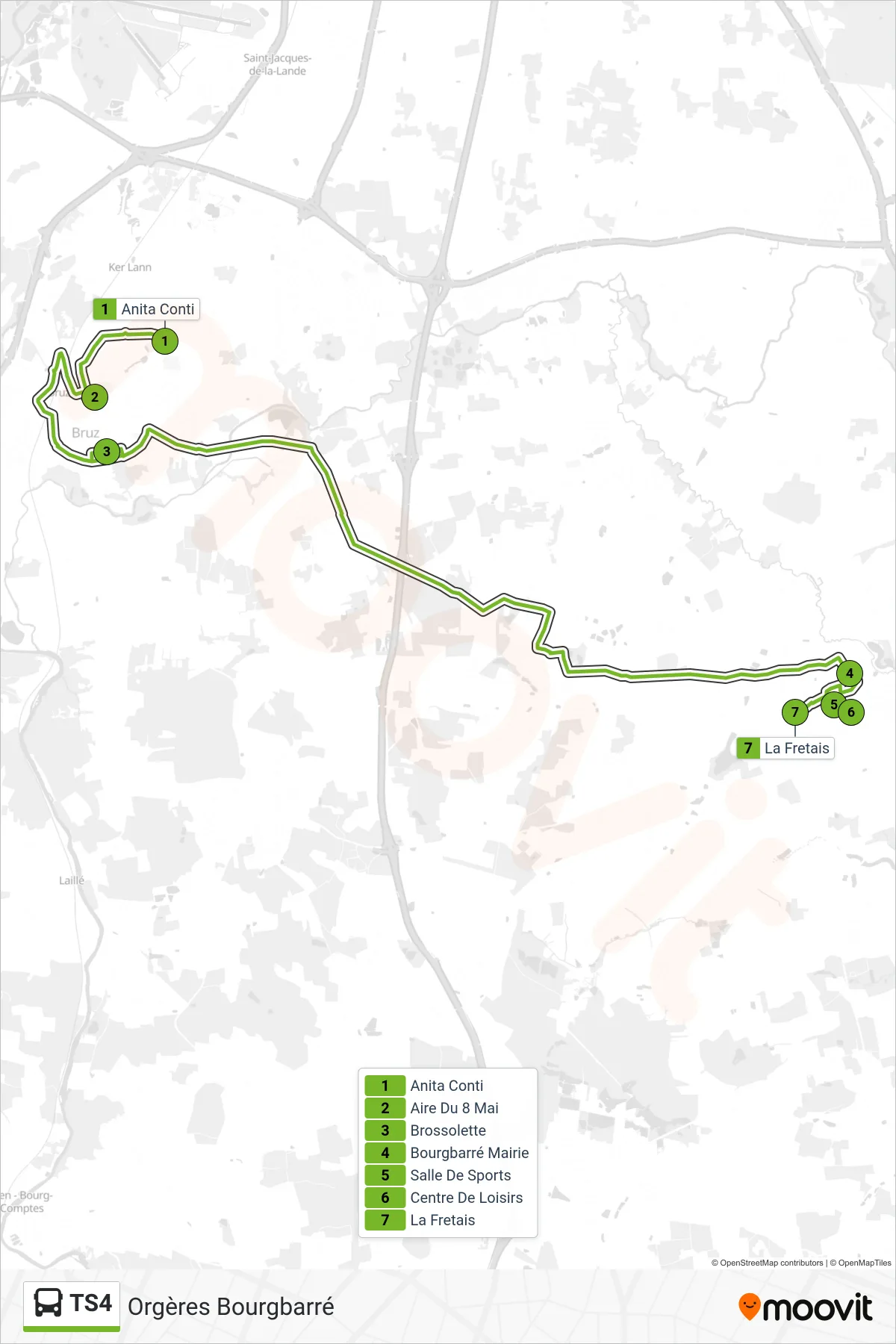 Tracé et arrêts de la ligne TS4 de bus (Orgères Bourgbarré) sur une carte
