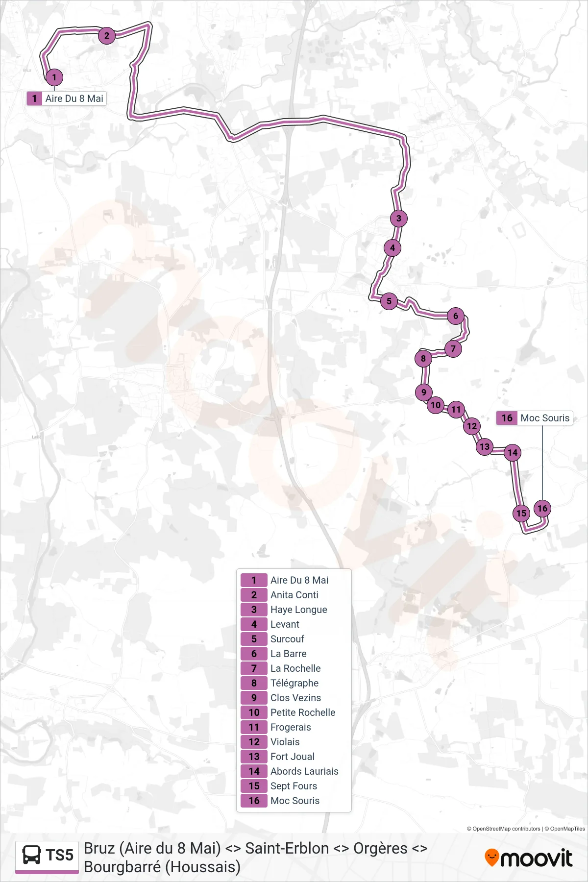 Tracé et arrêts de la ligne TS5 de bus (Orgères Bourgbarré Saint-Erblon) sur une carte