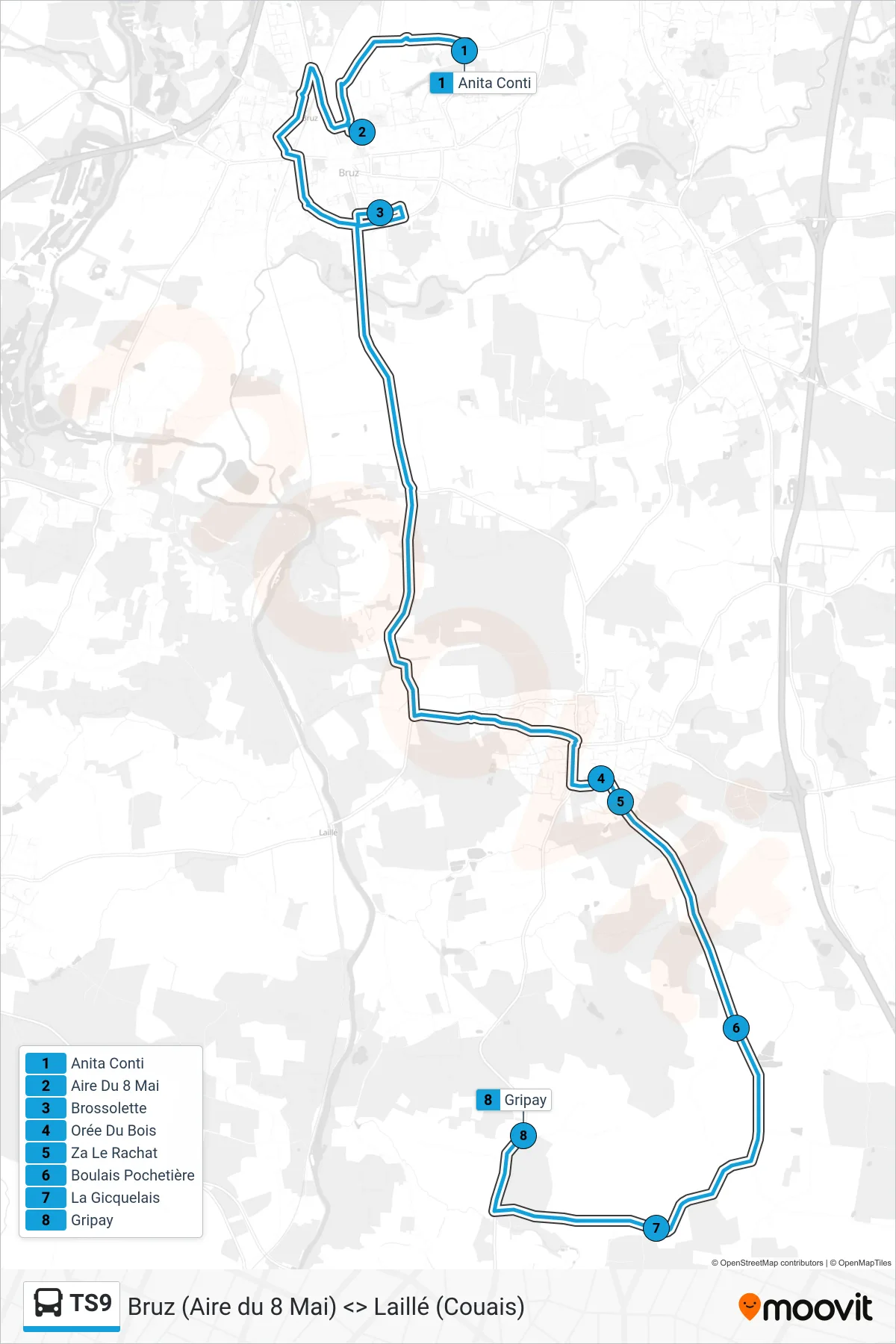 Tracé et arrêts de la ligne TS9 de bus (Laillé) sur une carte