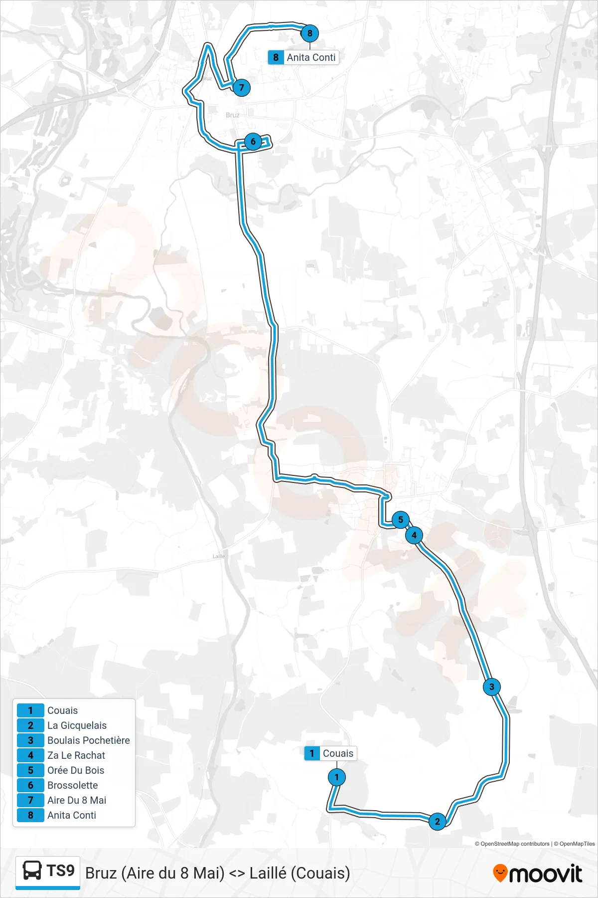Tracé et arrêts de la ligne TS9 de bus (Bruz) sur une carte