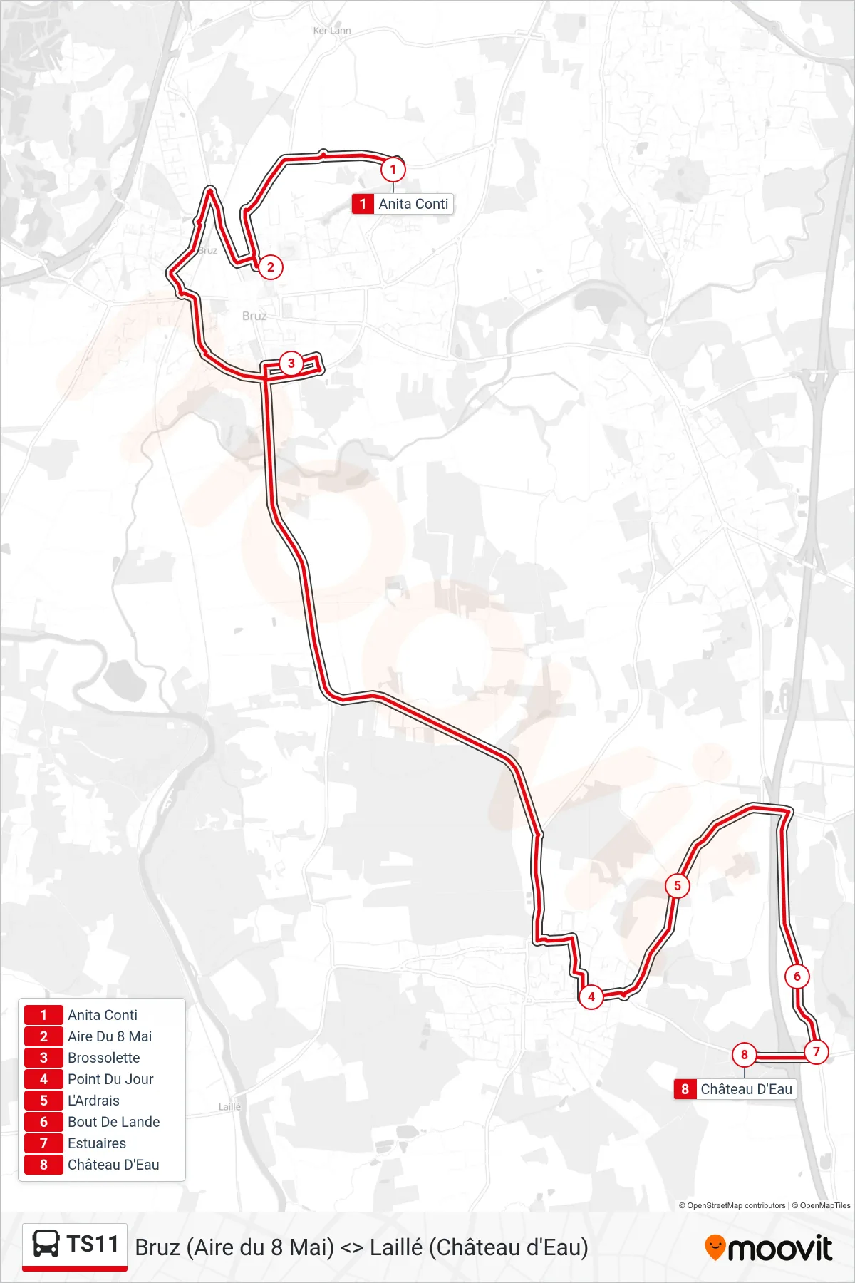 Tracé et arrêts de la ligne TS11 de bus (Laillé) sur une carte