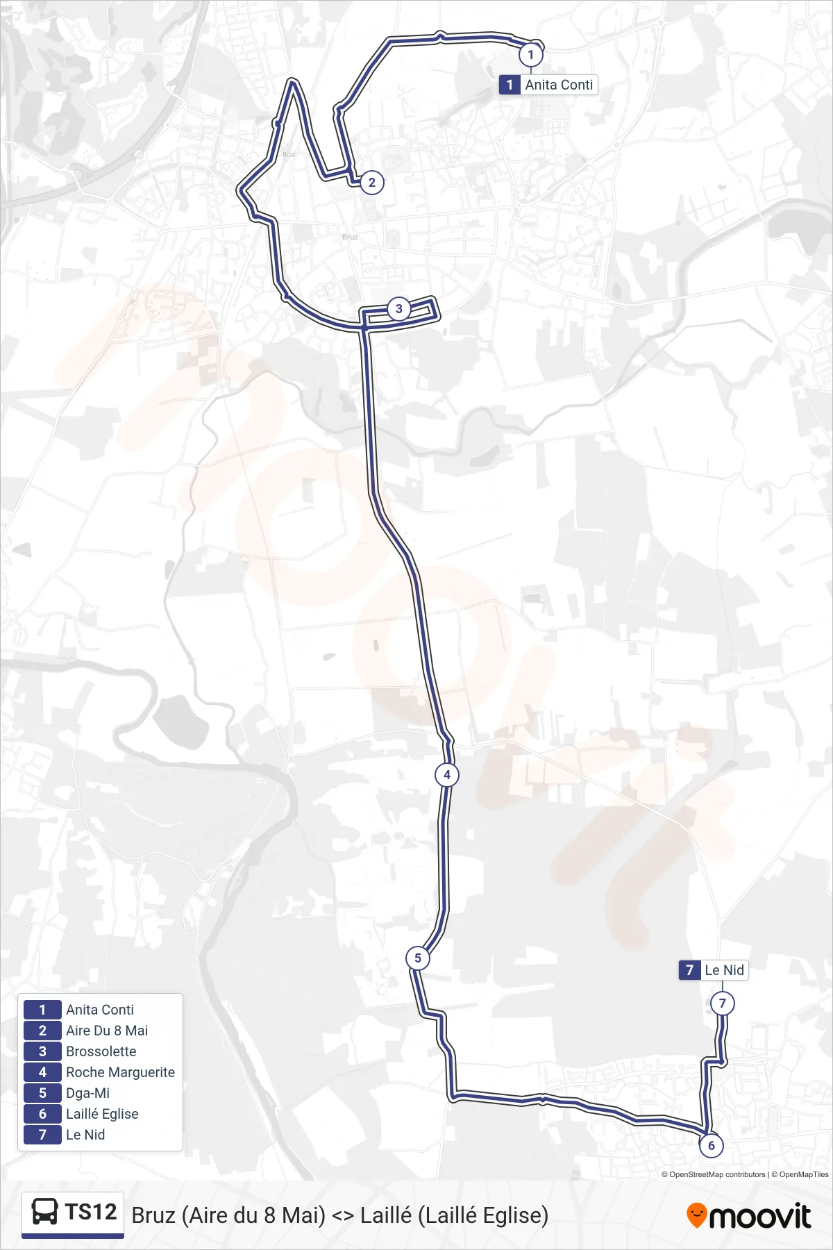 Tracé et arrêts de la ligne TS12 de bus (Laillé) sur une carte