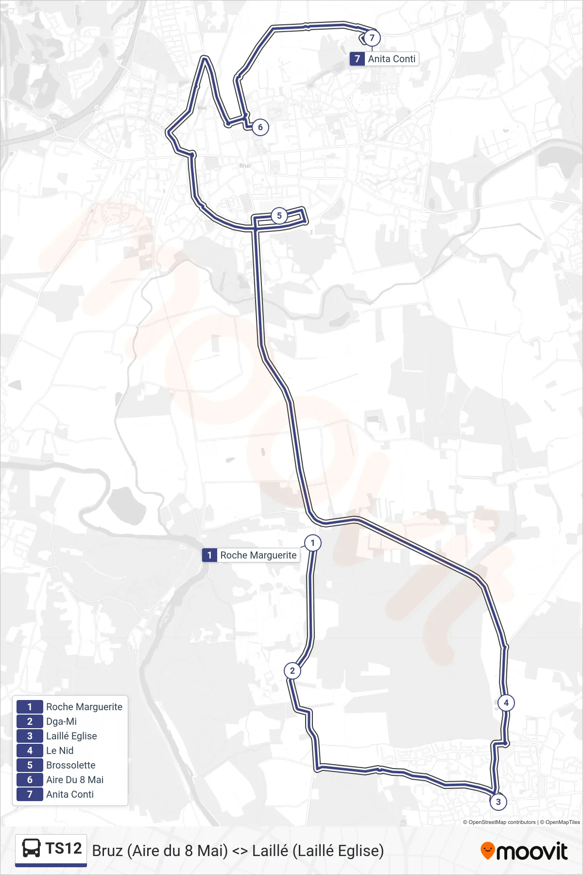 Tracé et arrêts de la ligne TS12 de bus (Bruz) sur une carte