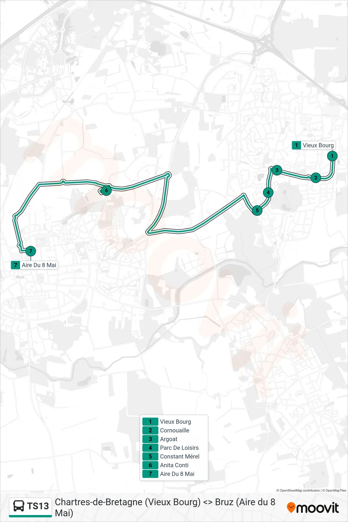Tracé et arrêts de la ligne TS13 de bus (Bruz) sur une carte