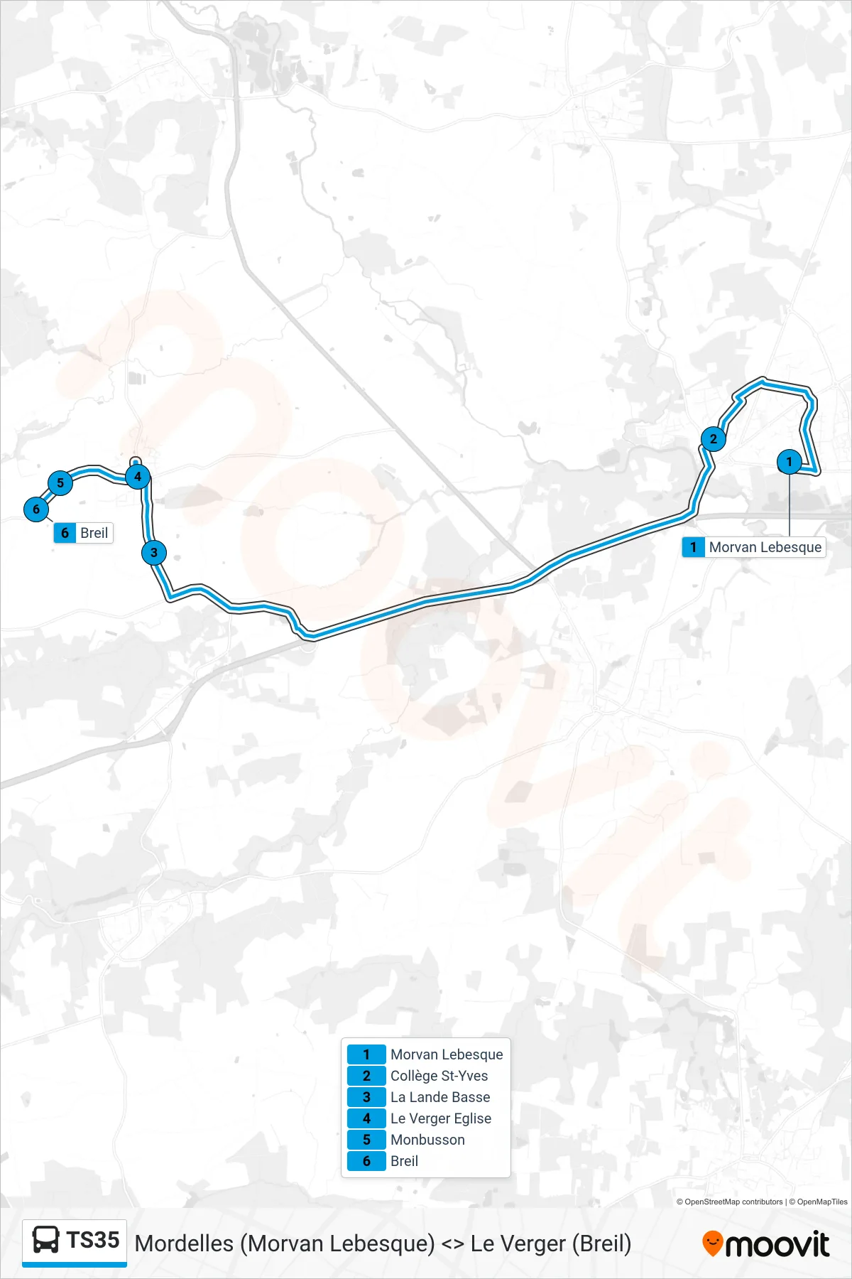 Tracé et arrêts de la ligne TS35 de bus (Le Verger) sur une carte