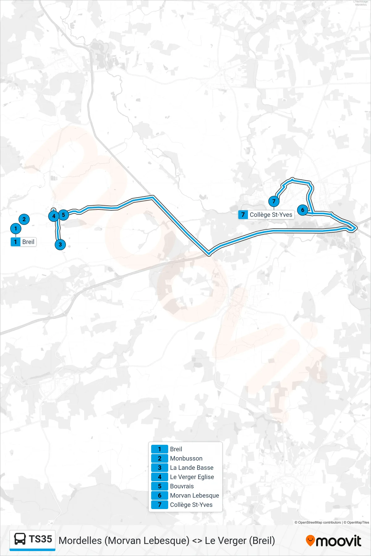 Tracé et arrêts de la ligne TS35 de bus (Mordelles) sur une carte