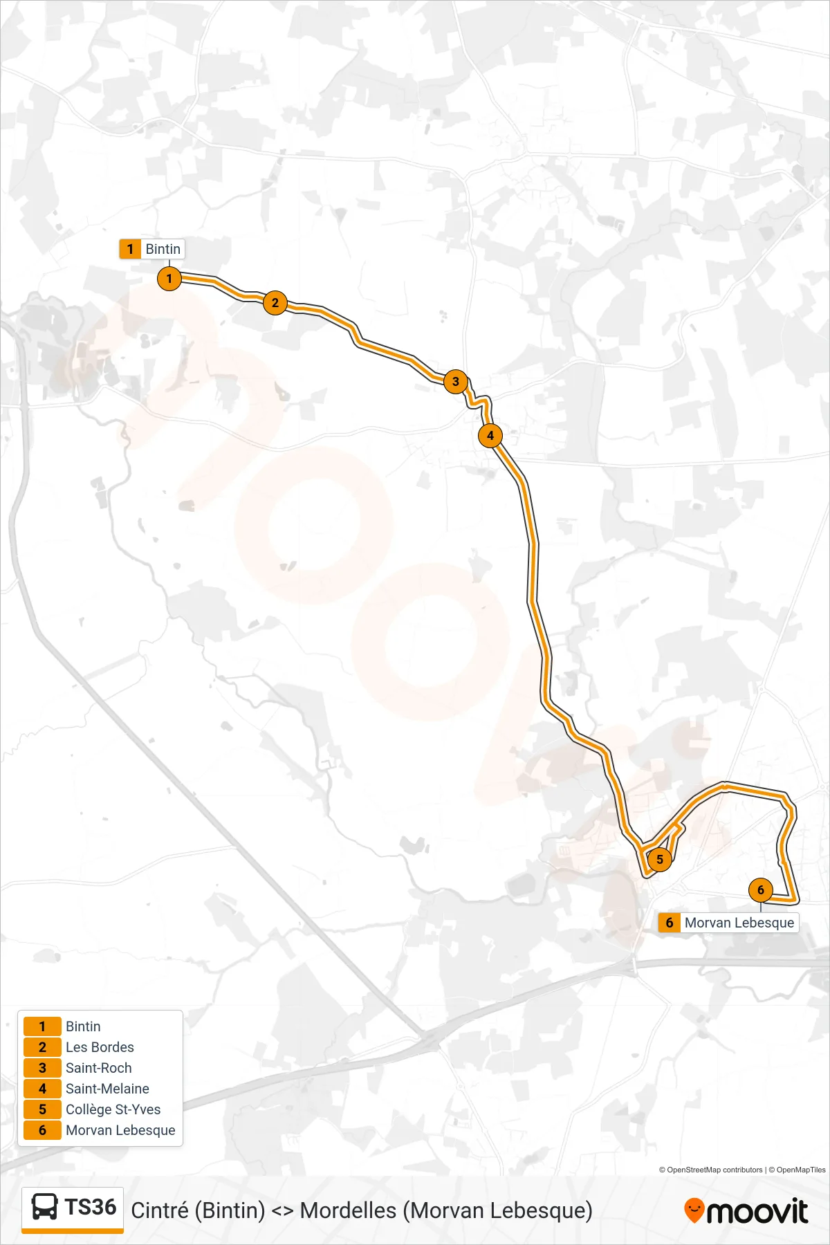 Tracé et arrêts de la ligne TS36 de bus (Mordelles) sur une carte
