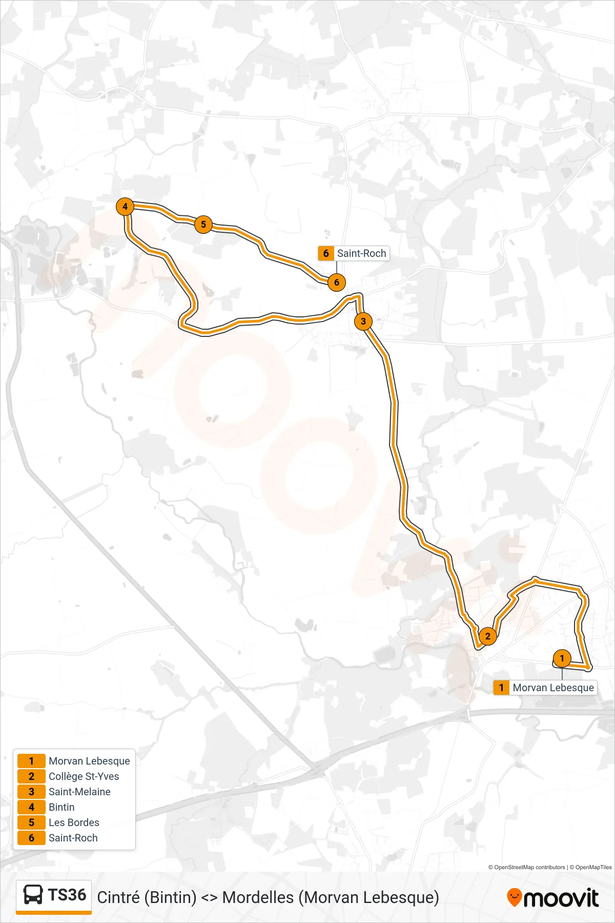 Tracé et arrêts de la ligne TS36 de bus (Cintré) sur une carte