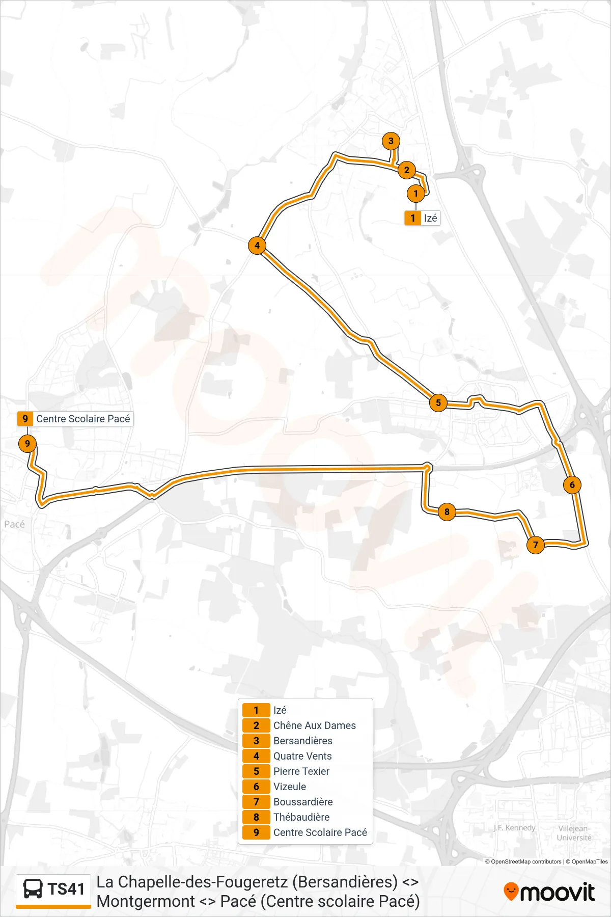 Tracé et arrêts de la ligne TS41 de bus (Pacé) sur une carte
