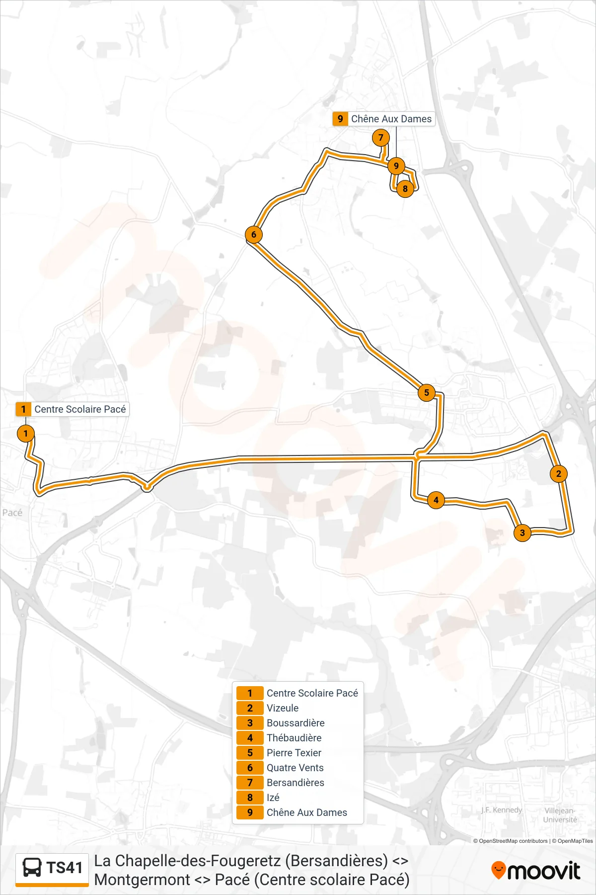 Tracé et arrêts de la ligne TS41 de bus (La Chapelle-Des-Fougeretz) sur une carte