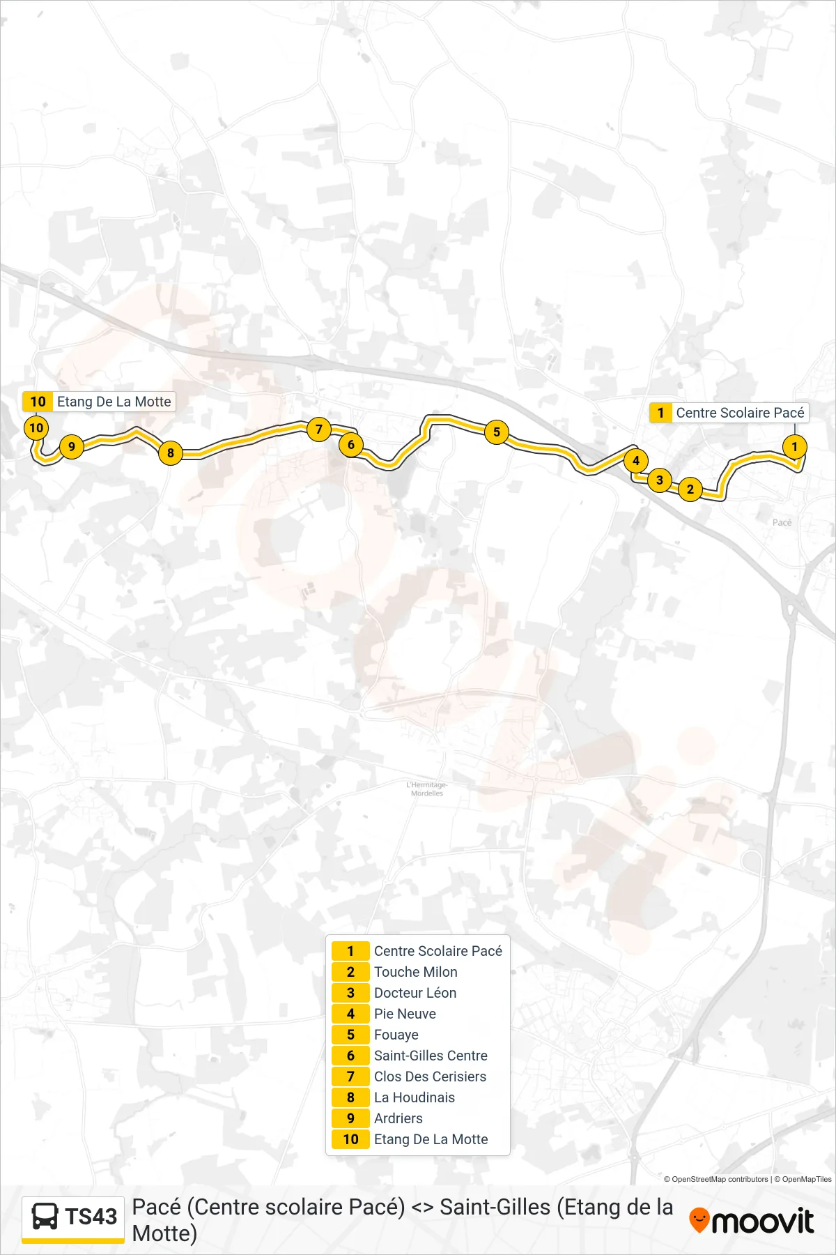 Tracé et arrêts de la ligne TS43 de bus (Saint-Gilles) sur une carte
