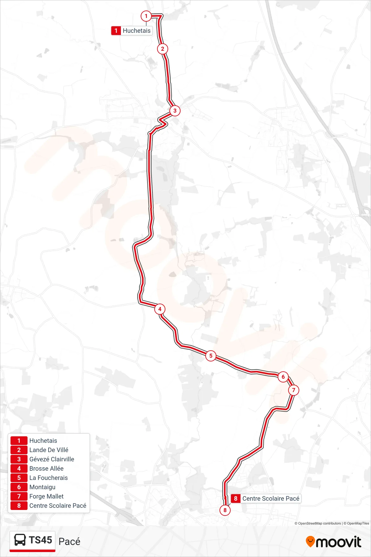 Tracé et arrêts de la ligne TS45 de bus (Pacé) sur une carte