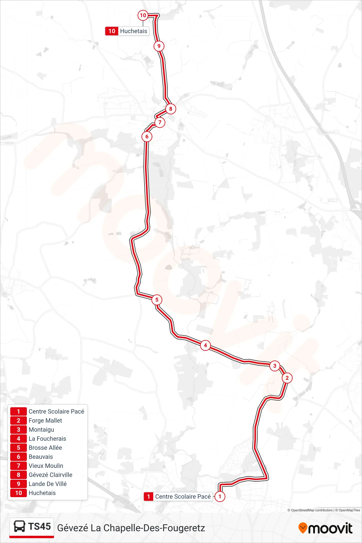 Tracé et arrêts de la ligne TS45 de bus (Gévezé La Chapelle-Des-Fougeretz) sur une carte