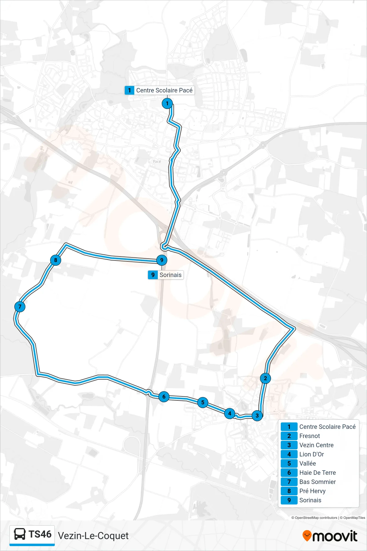Tracé et arrêts de la ligne TS46 de bus (Vezin-Le-Coquet) sur une carte