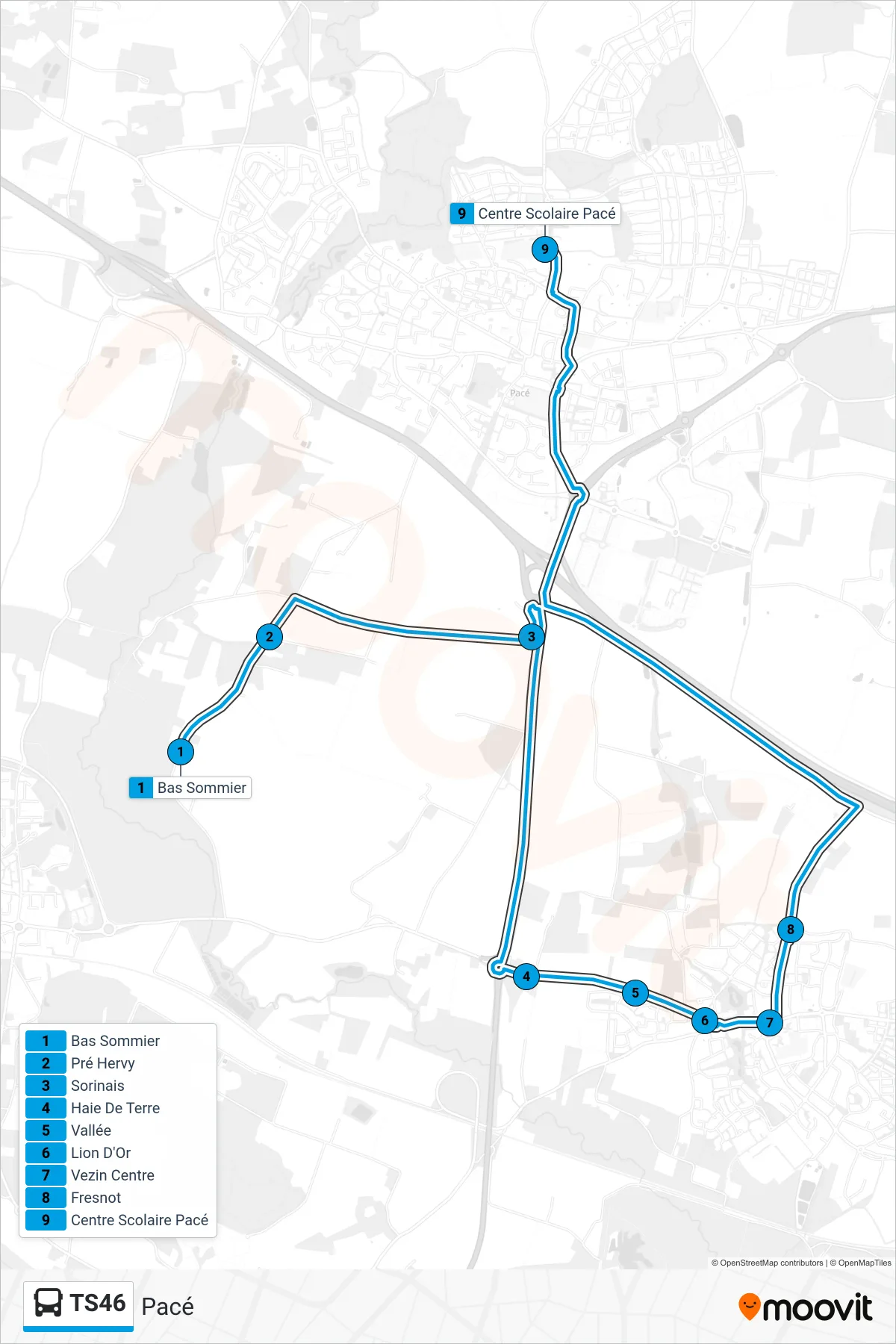 Tracé et arrêts de la ligne TS46 de bus (Pacé) sur une carte