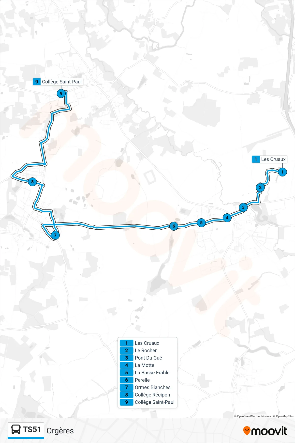 Tracé et arrêts de la ligne TS51 de bus (Orgères) sur une carte