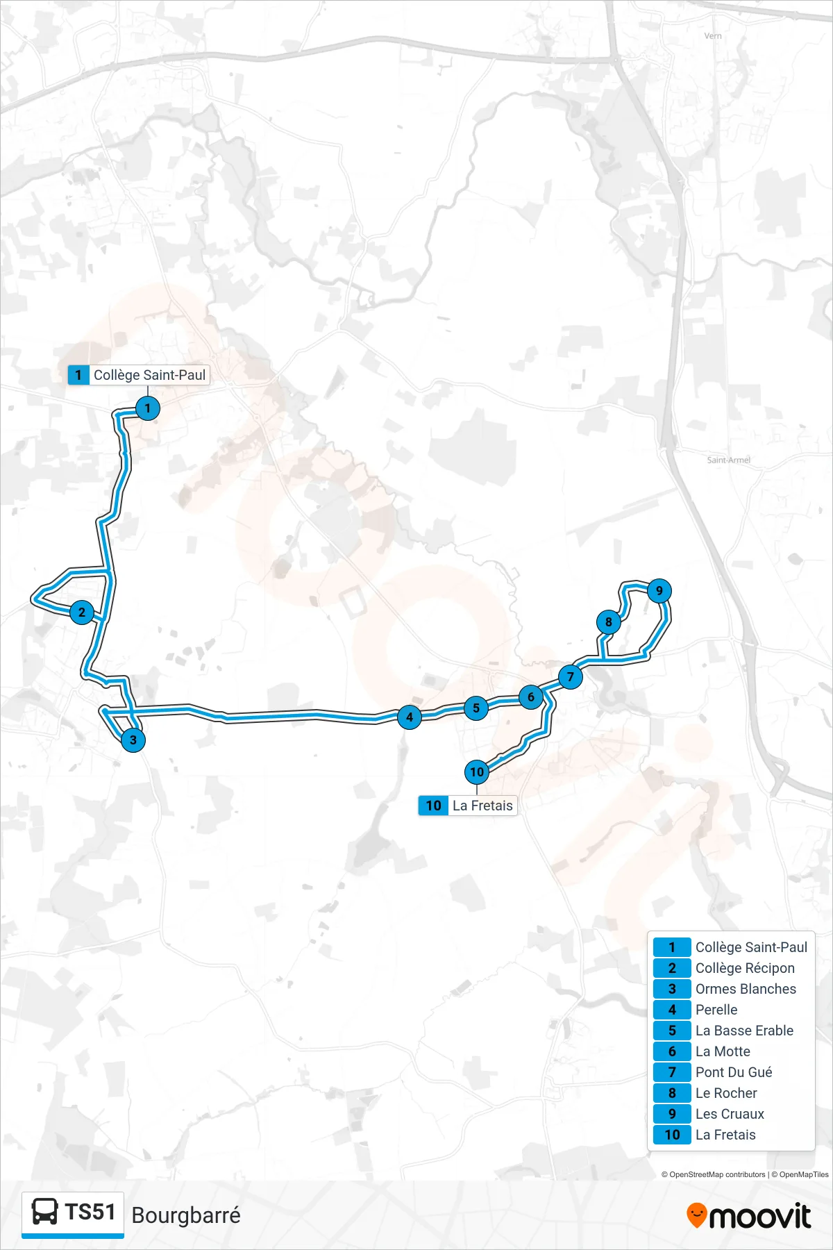 Tracé et arrêts de la ligne TS51 de bus (Bourgbarré) sur une carte