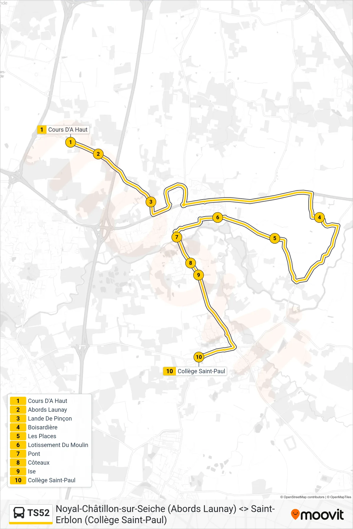 TS52 bus Line (Saint-Erblon) route and stops on a map