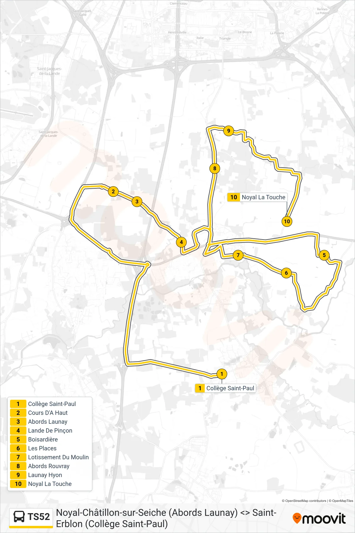 Tracé et arrêts de la ligne TS52 de bus (Noyal-Châtillon-Sur-Seiche) sur une carte