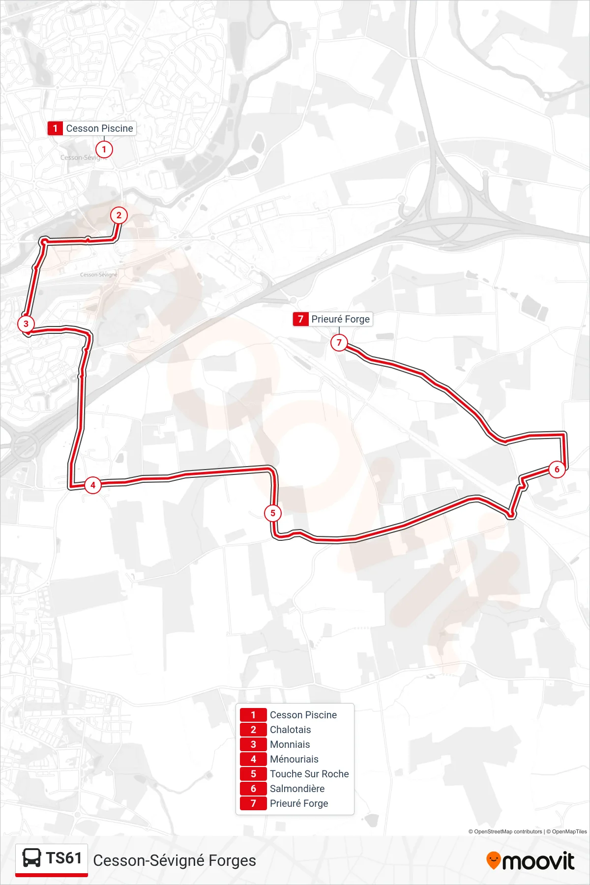 TS61 bus Line (Cesson-Sévigné Forges) route and stops on a map