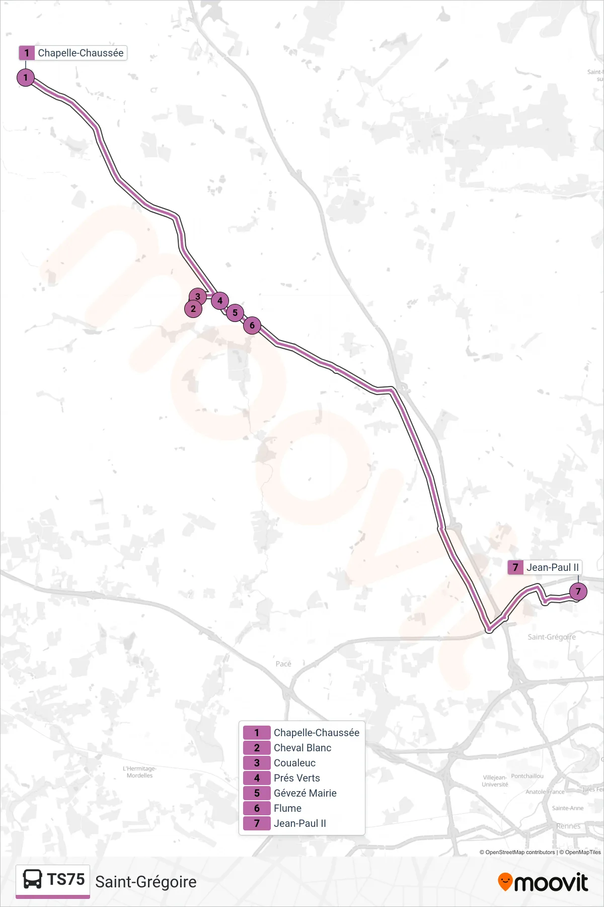 Tracé et arrêts de la ligne TS75 de bus (Saint-Grégoire) sur une carte