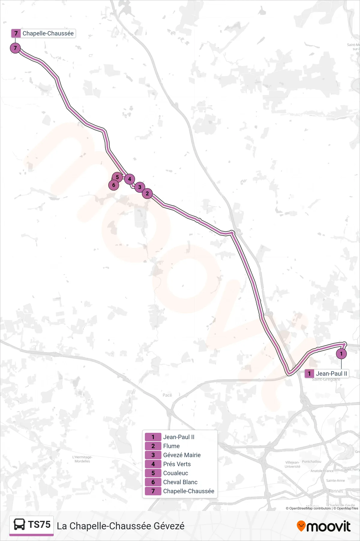 Tracé et arrêts de la ligne TS75 de bus (La Chapelle-Chaussée Gévezé) sur une carte