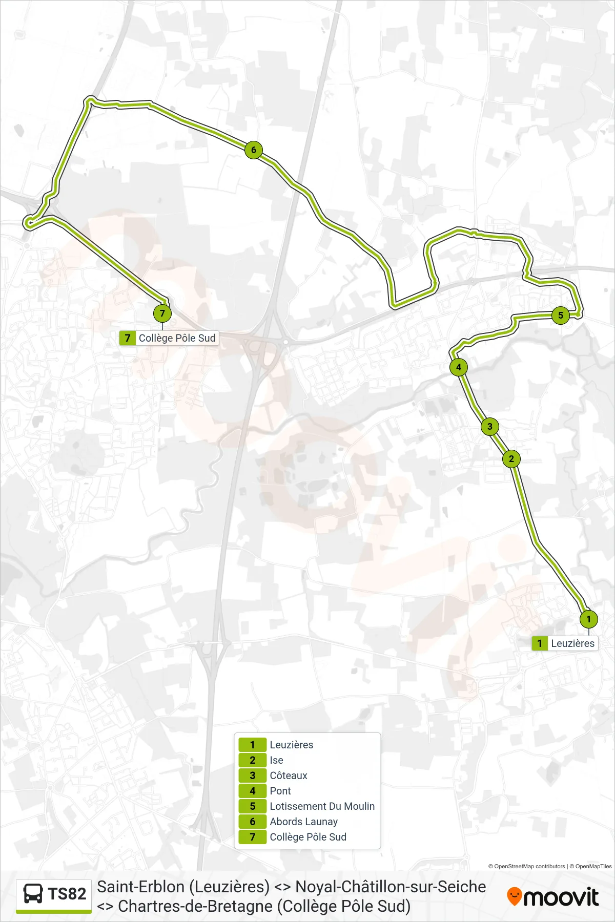 Tracé et arrêts de la ligne TS82 de bus (Saint-Erblon) sur une carte