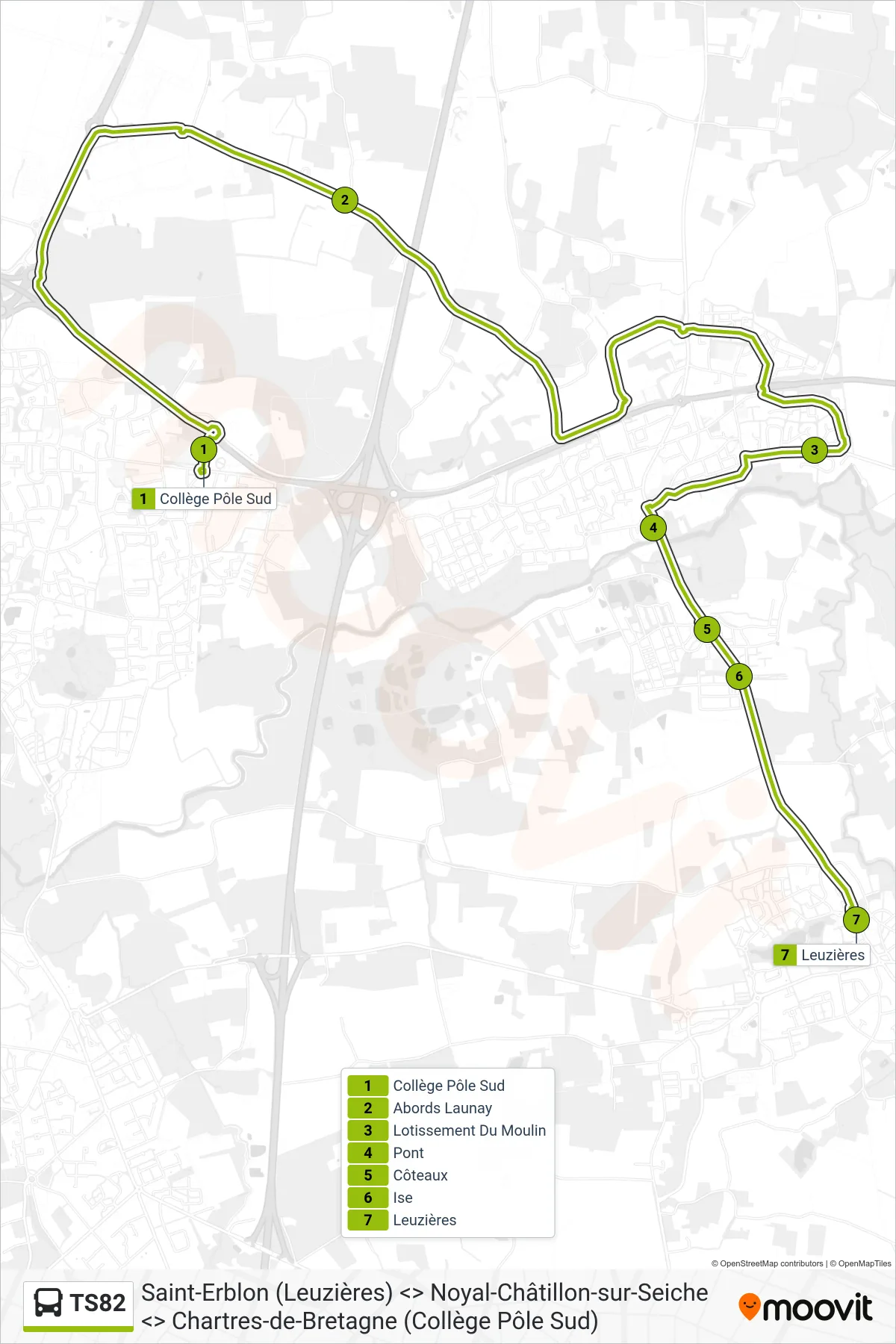 Tracé et arrêts de la ligne TS82 de bus (Chartres-De-Bretagne) sur une carte