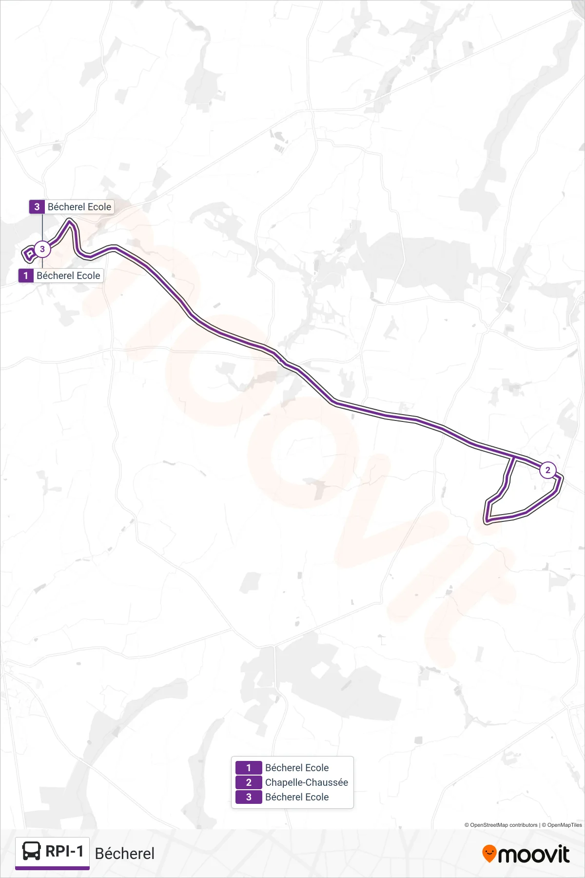 Tracé et arrêts de la ligne RPI-1 de bus (Bécherel) sur une carte