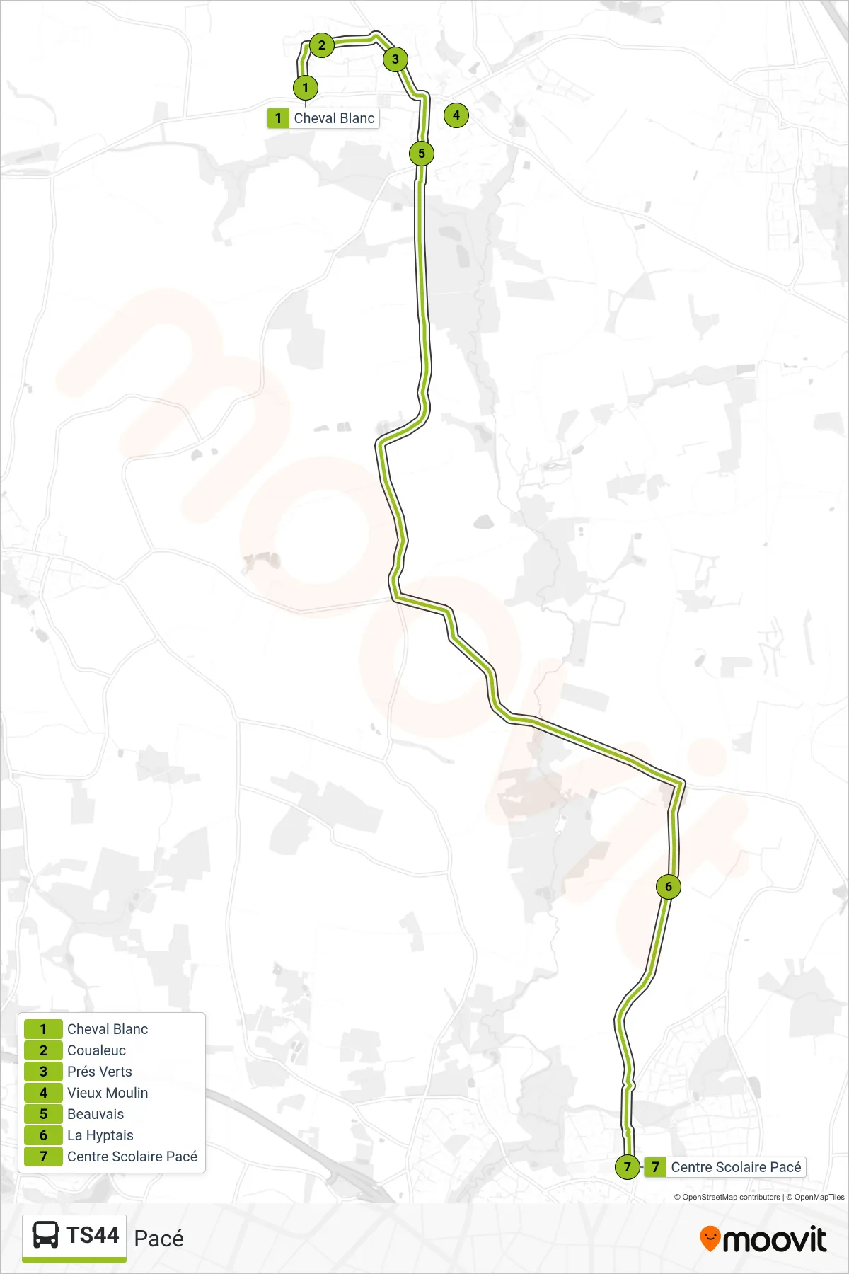 Tracé et arrêts de la ligne TS44 de bus (Pacé) sur une carte