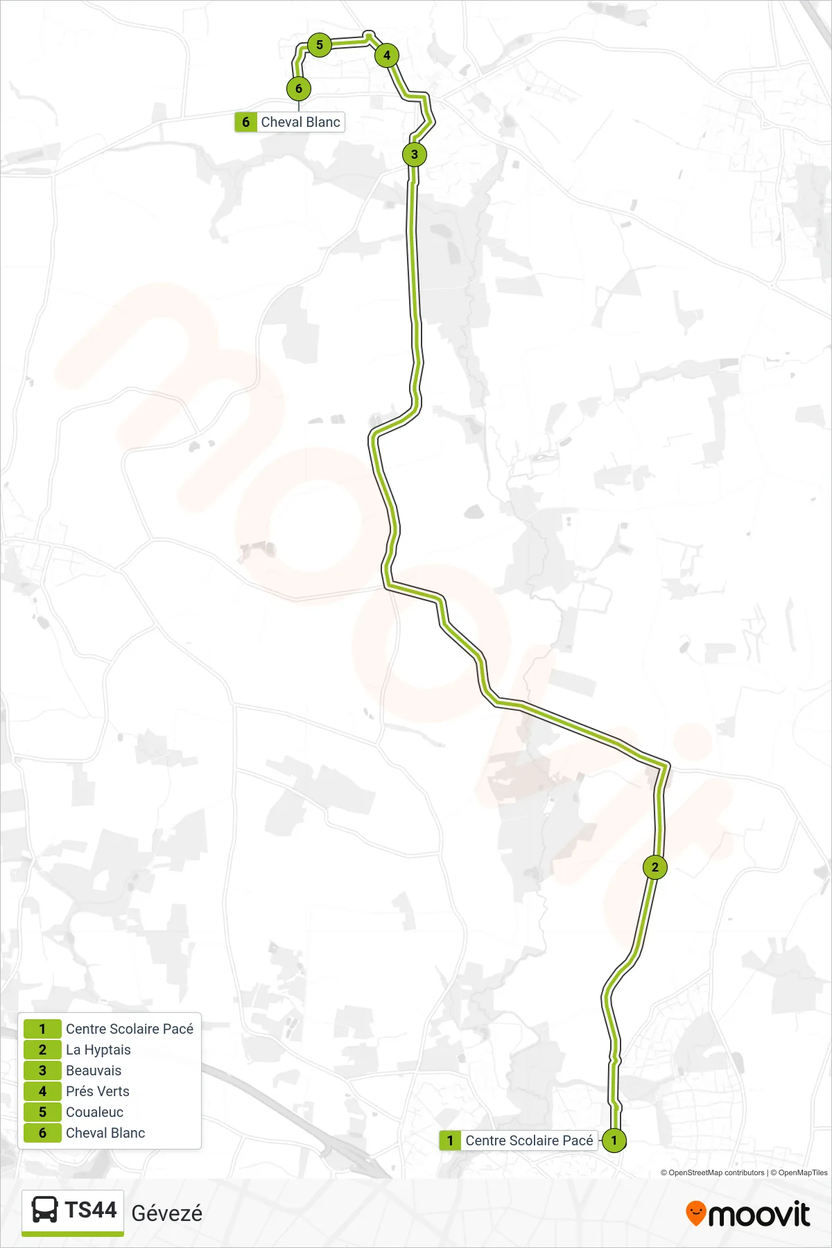 Tracé et arrêts de la ligne TS44 de bus (Gévezé) sur une carte