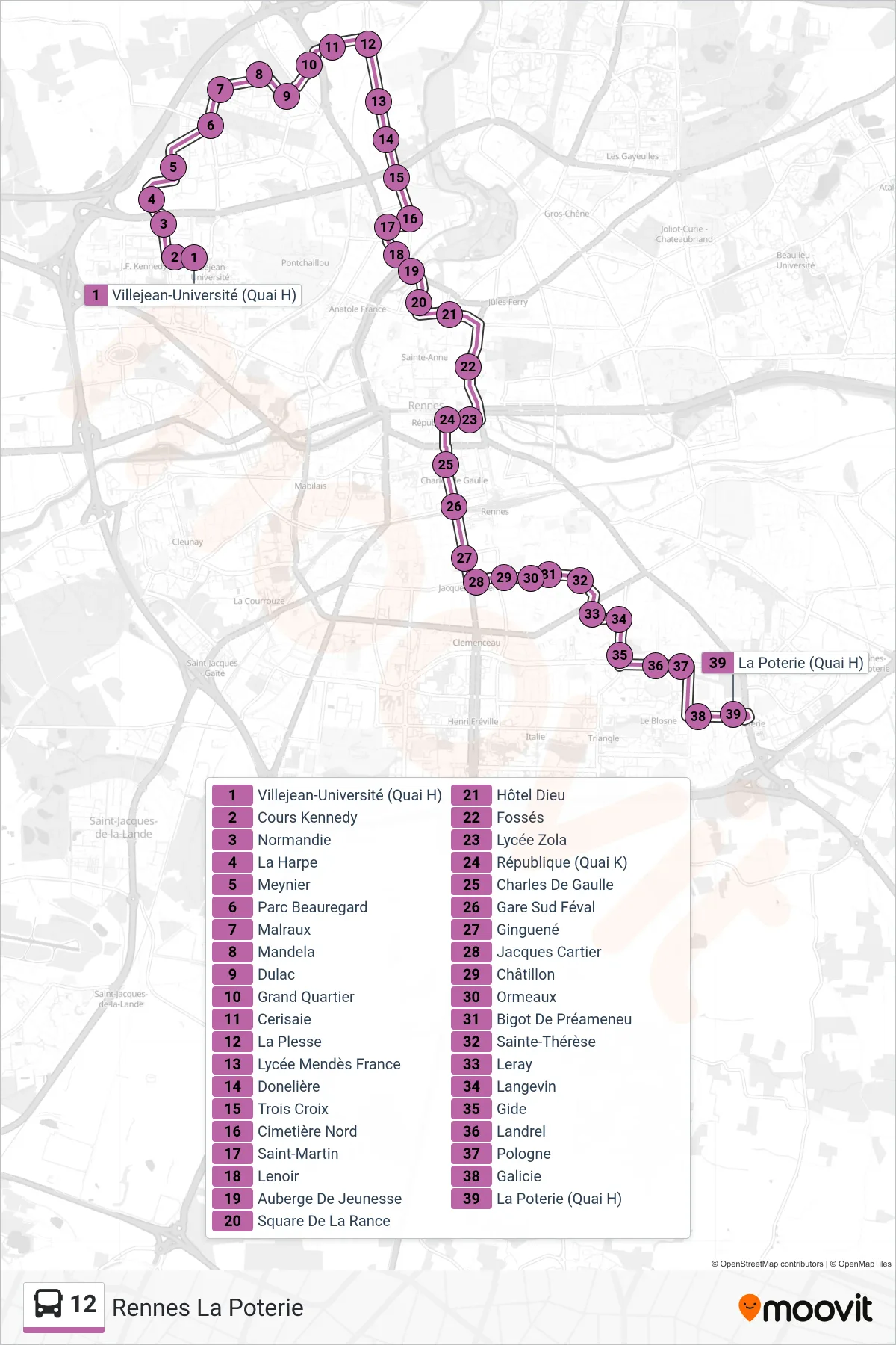 Tracé et arrêts de la ligne 12 de bus (Rennes La Poterie) sur une carte