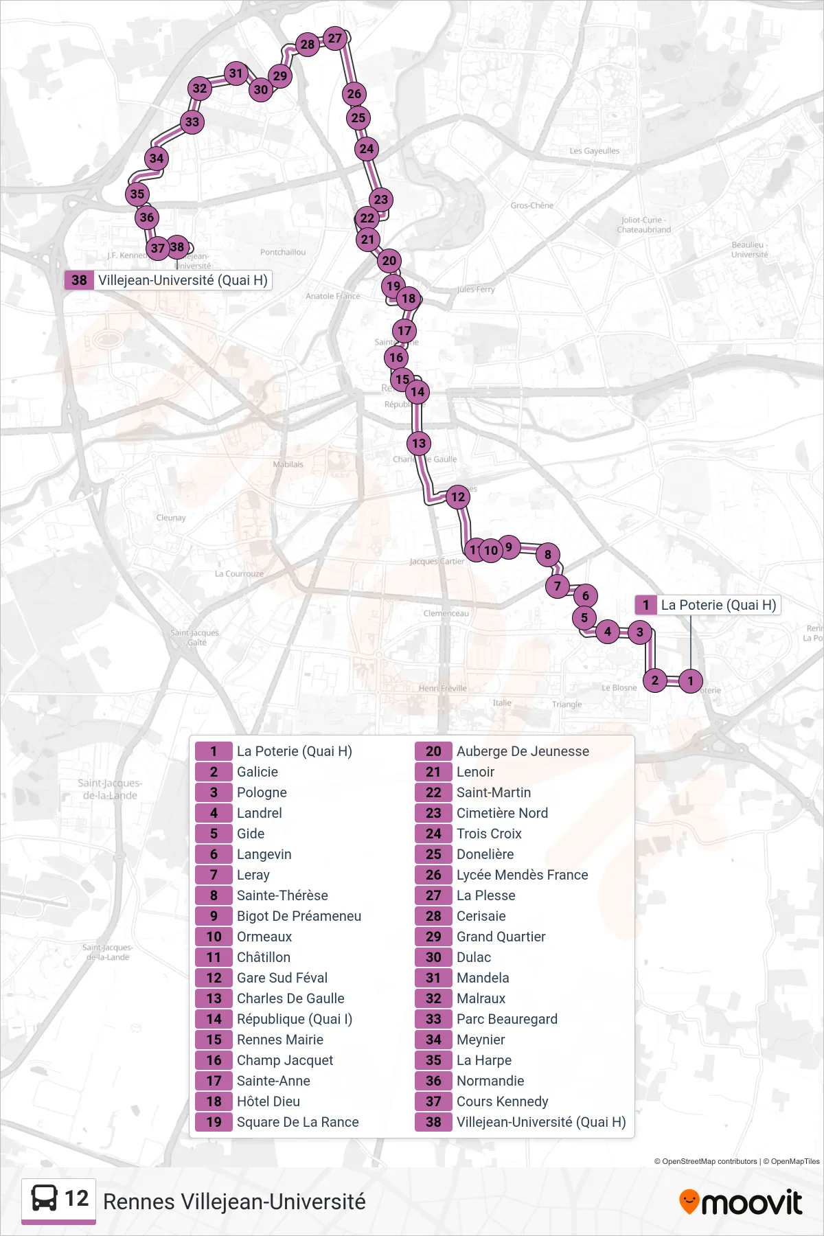 Tracé et arrêts de la ligne 12 de bus (Rennes Villejean-Université) sur une carte