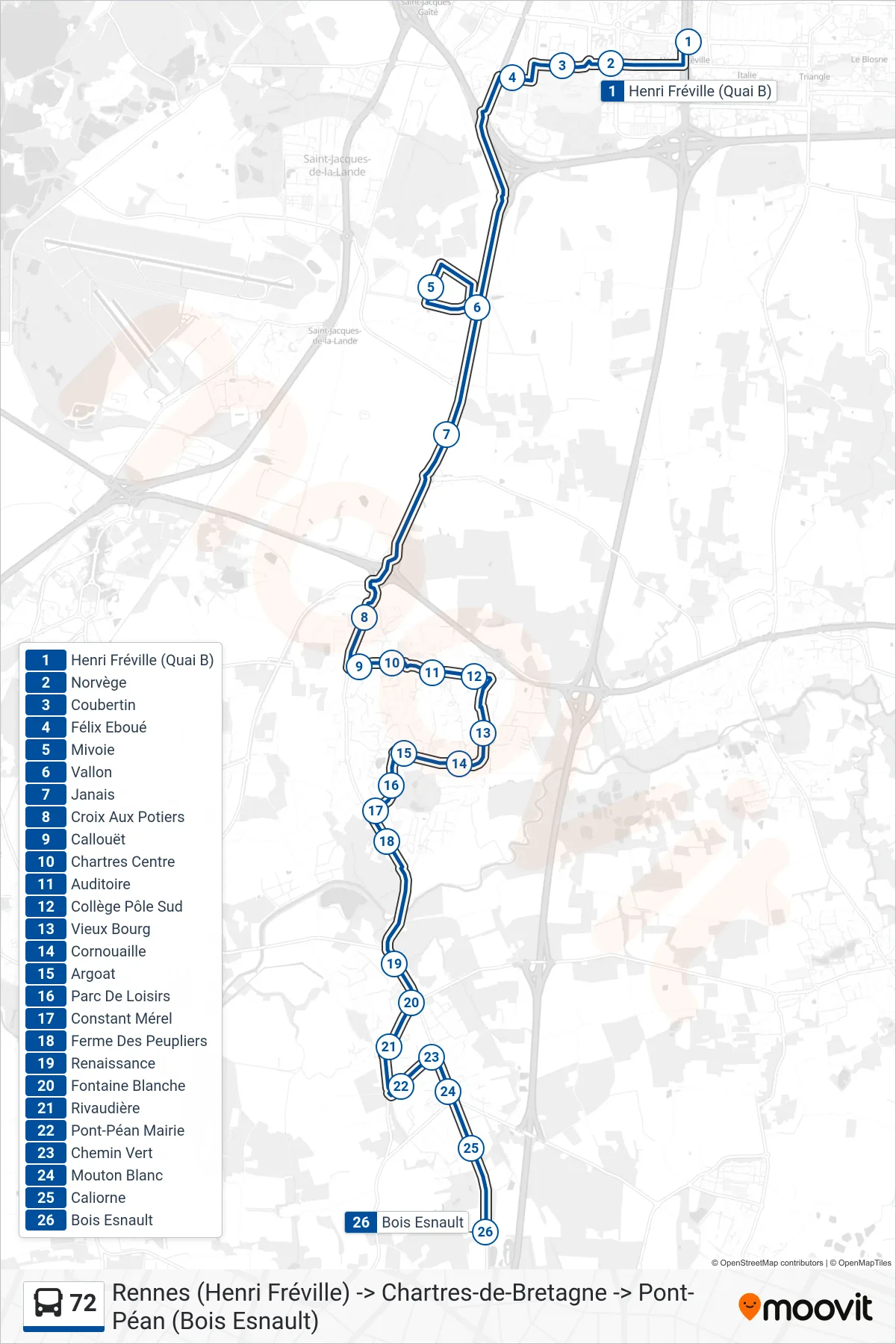Tracé et arrêts de la ligne 72 de bus (Chartres Pont-Péan Via Mivoie) sur une carte
