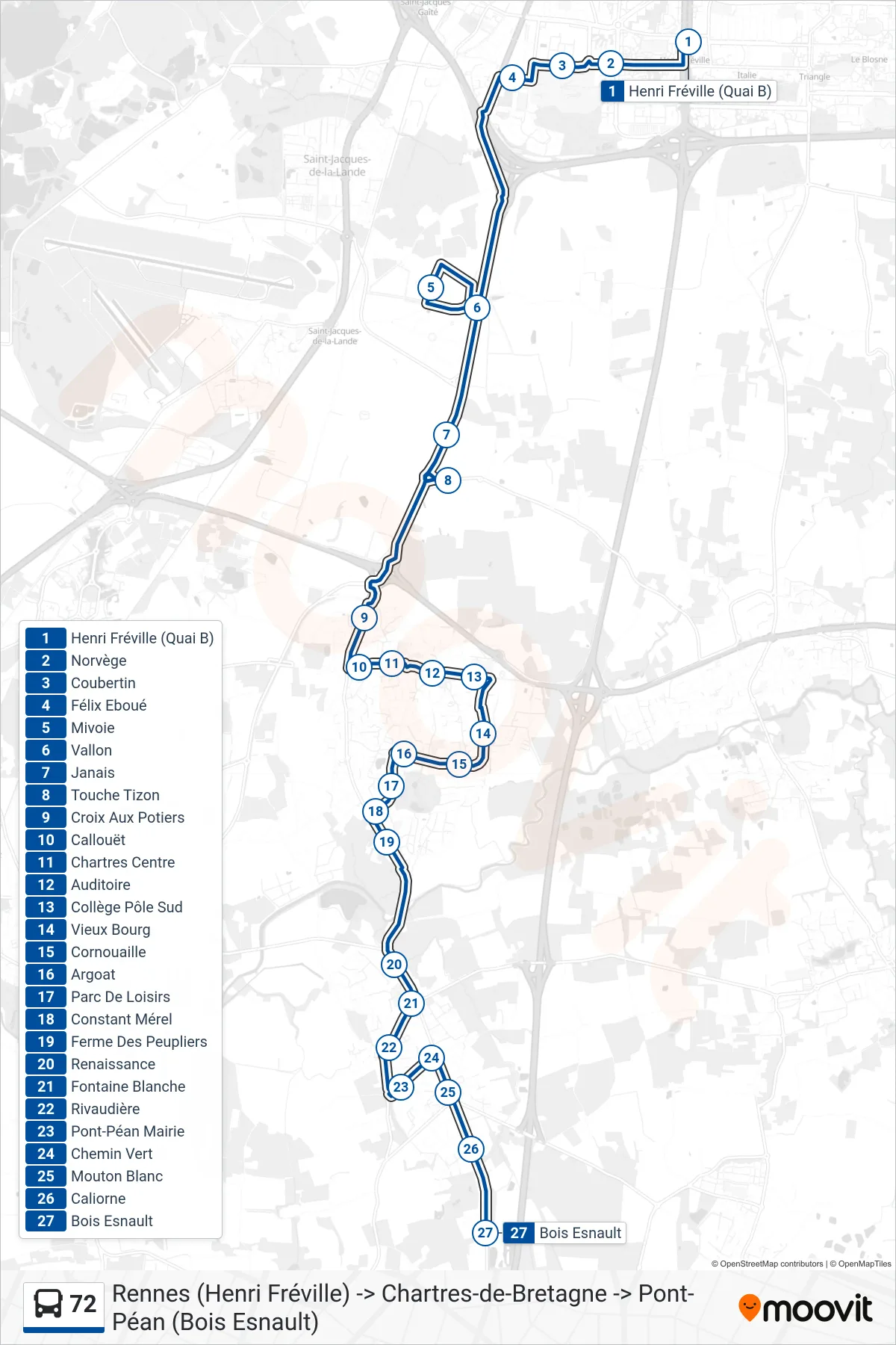 Tracé et arrêts de la ligne 72 de bus (Chartres De B. Pont-Péan Via Mivoie / T. Tizon) sur une carte