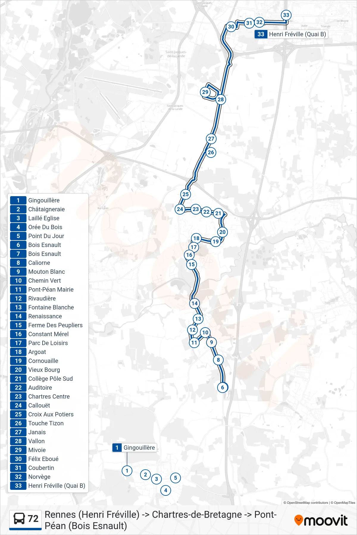 Tracé et arrêts de la ligne 72 de bus (Rennes Henri Fréville) sur une carte