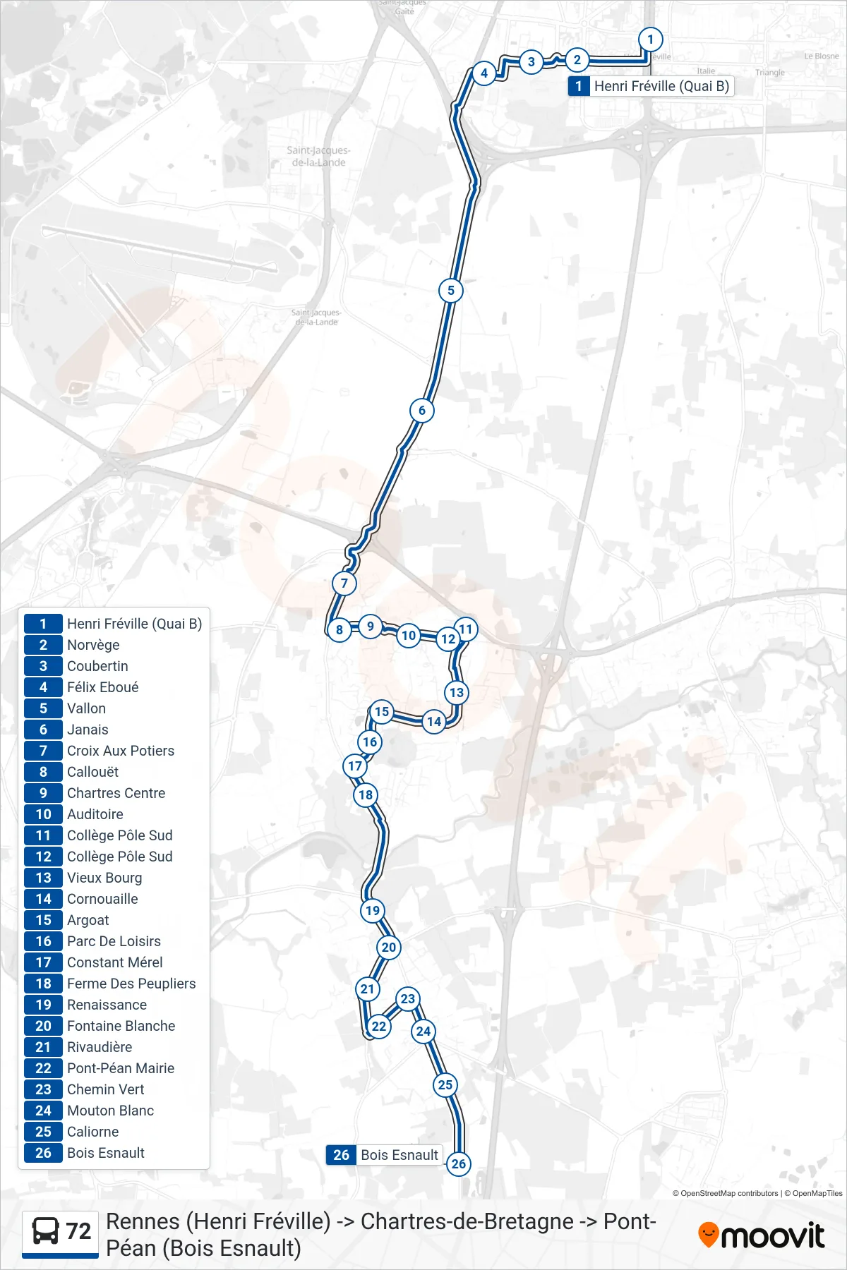 Tracé et arrêts de la ligne 72 de bus (Chartres De Bretagne - Pont-Péan) sur une carte