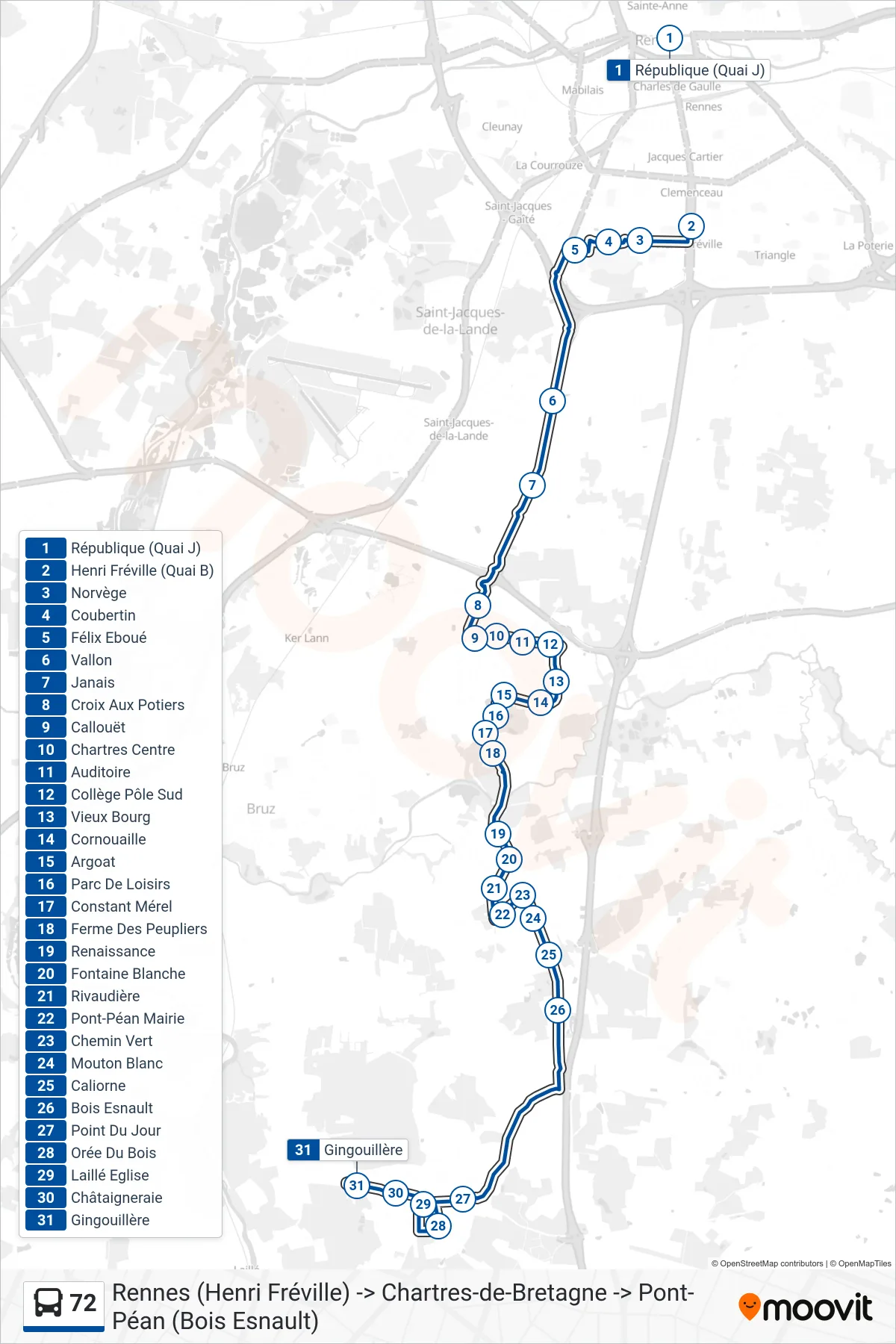 Tracé et arrêts de la ligne 72 de bus (Chartres-De-Bretagne - Pont-Péan - Laillé) sur une carte