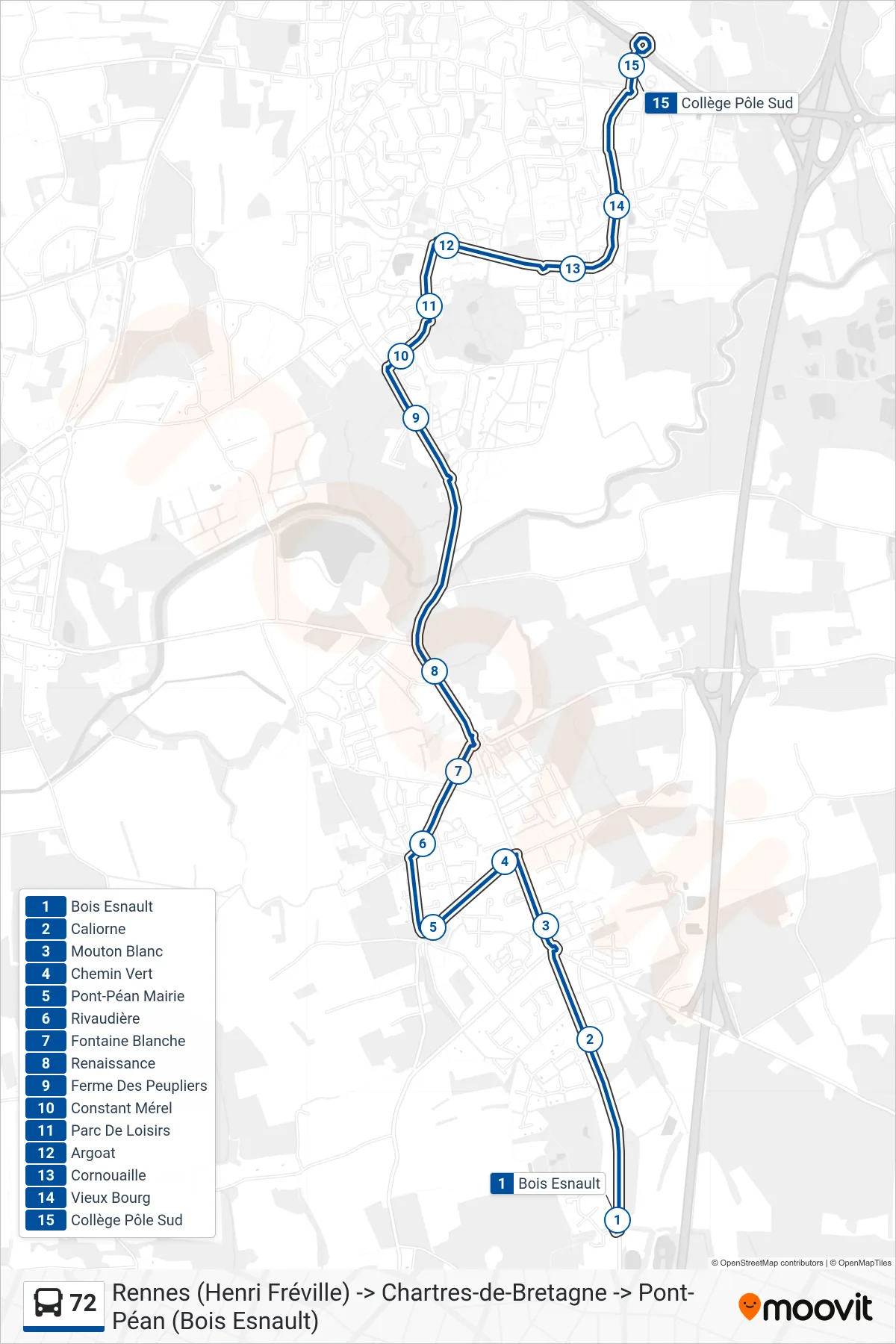 Tracé et arrêts de la ligne 72 de bus (Collège Fontenay) sur une carte