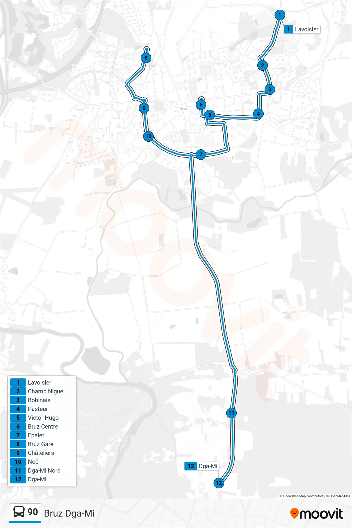 Tracé et arrêts de la ligne 90 de bus (Bruz Dga-Mi) sur une carte