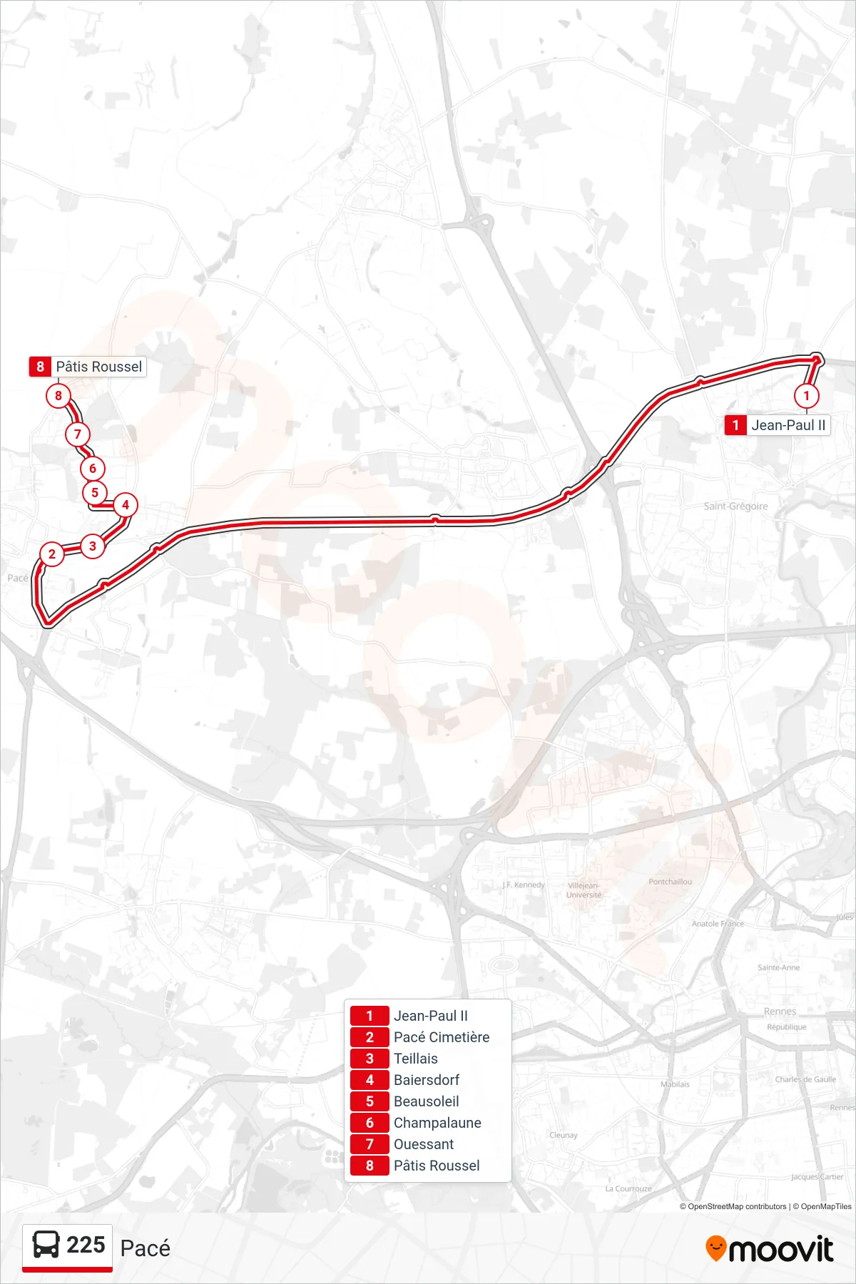 Tracé et arrêts de la ligne 225 de bus (Pacé) sur une carte