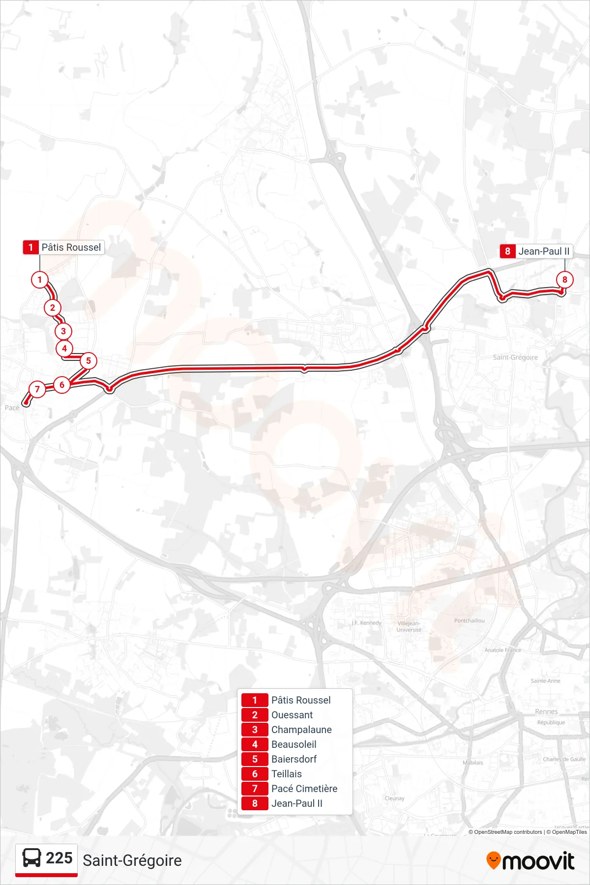 Tracé et arrêts de la ligne 225 de bus (Saint-Grégoire) sur une carte
