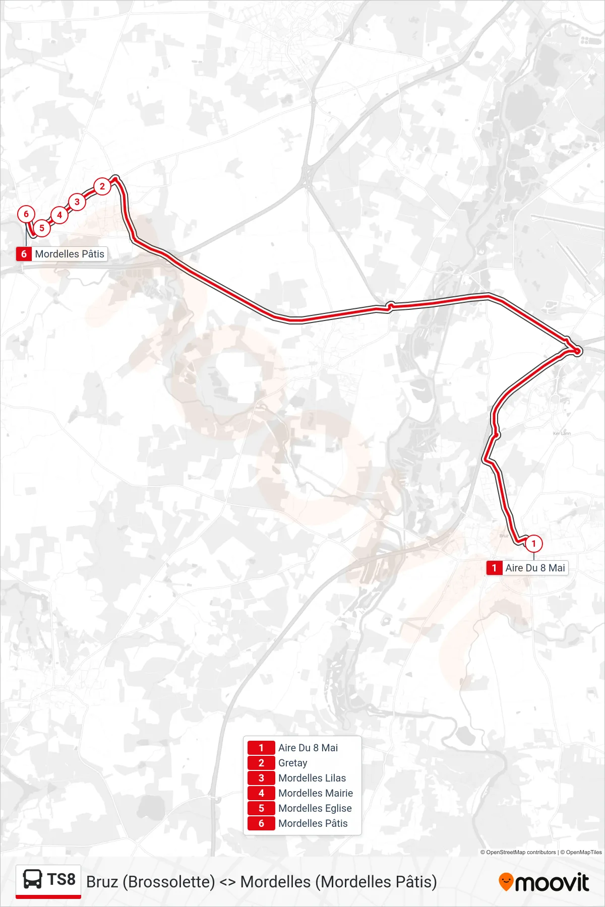 Tracé et arrêts de la ligne TS8 de bus (Mordelles Chavagne) sur une carte
