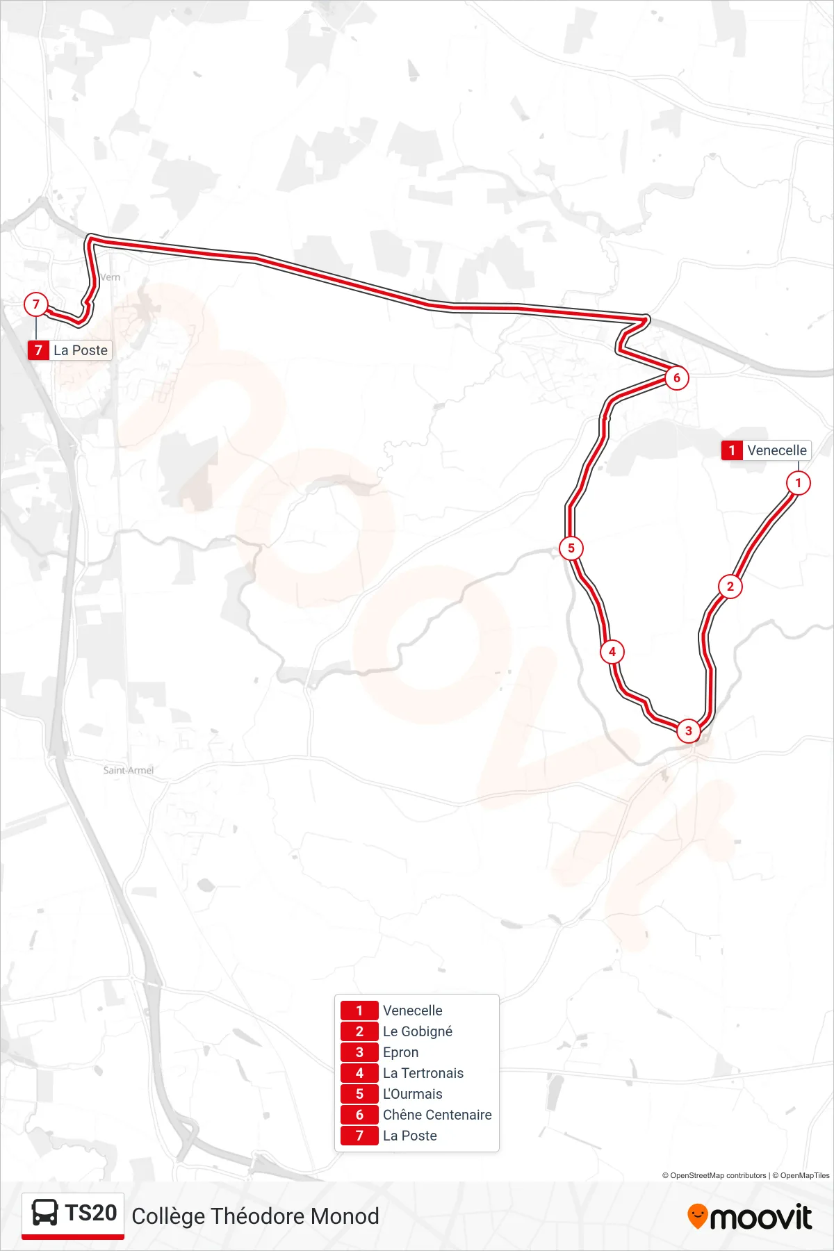Tracé et arrêts de la ligne TS20 de bus (Collège Théodore Monod) sur une carte