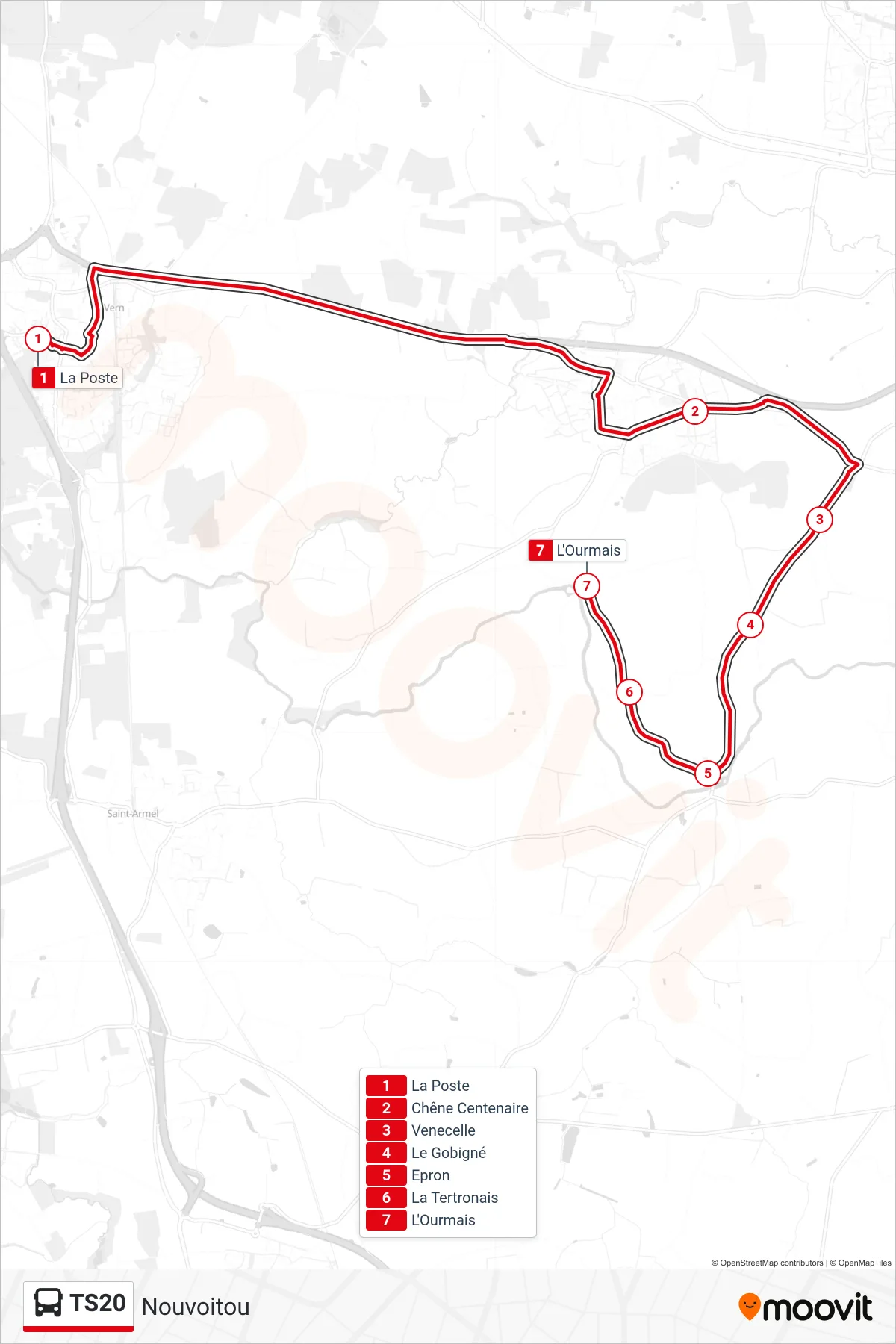 Tracé et arrêts de la ligne TS20 de bus (Nouvoitou) sur une carte