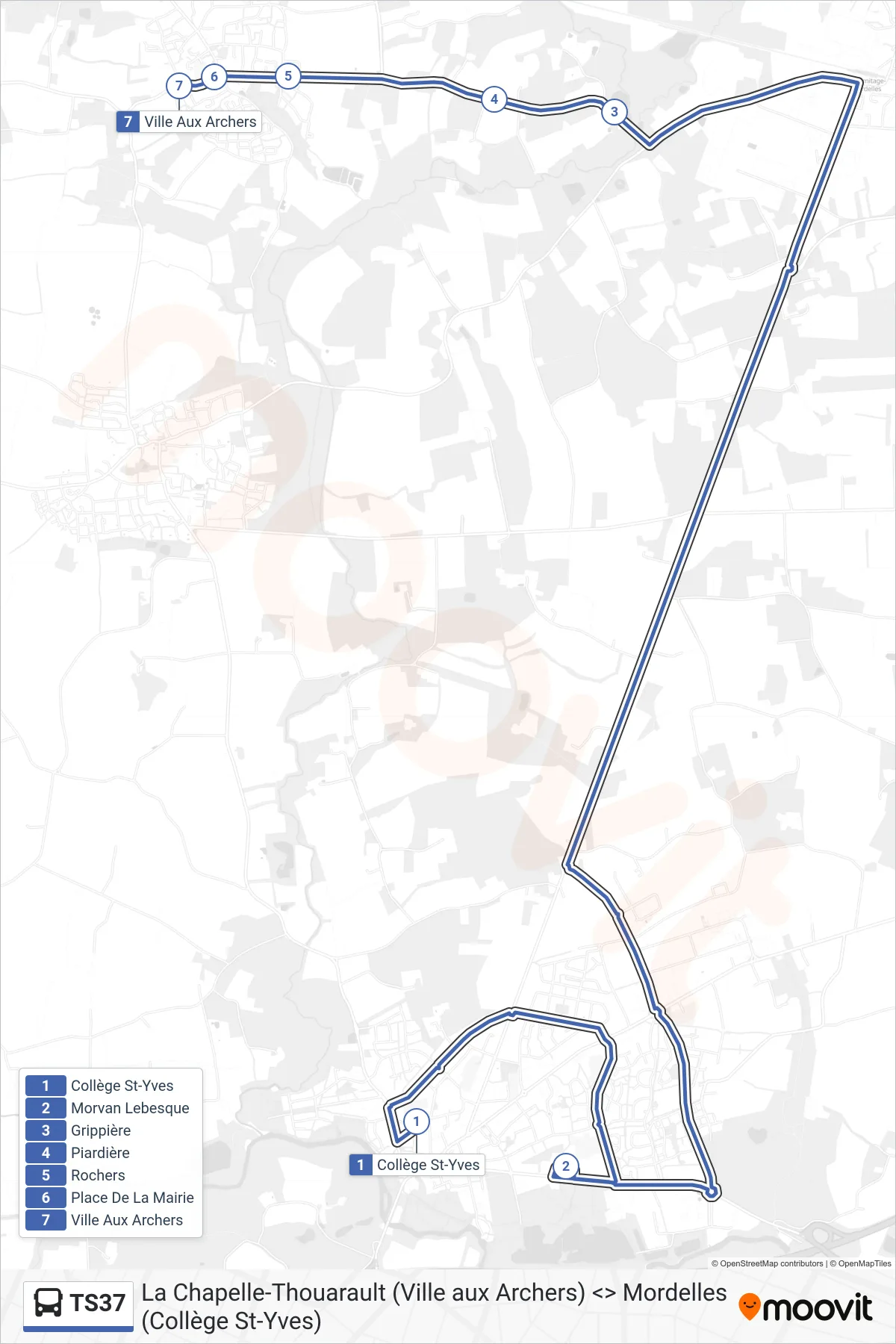 Tracé et arrêts de la ligne TS37 de bus (La Chapelle-Thouarault) sur une carte