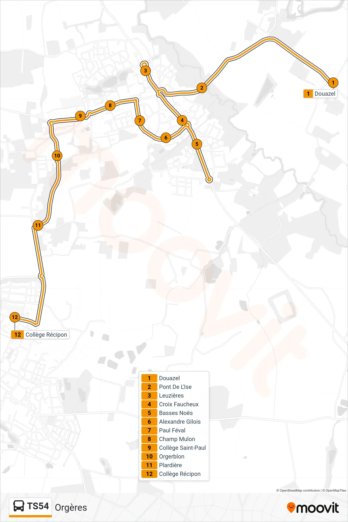 Tracé et arrêts de la ligne TS54 de bus (Orgères) sur une carte