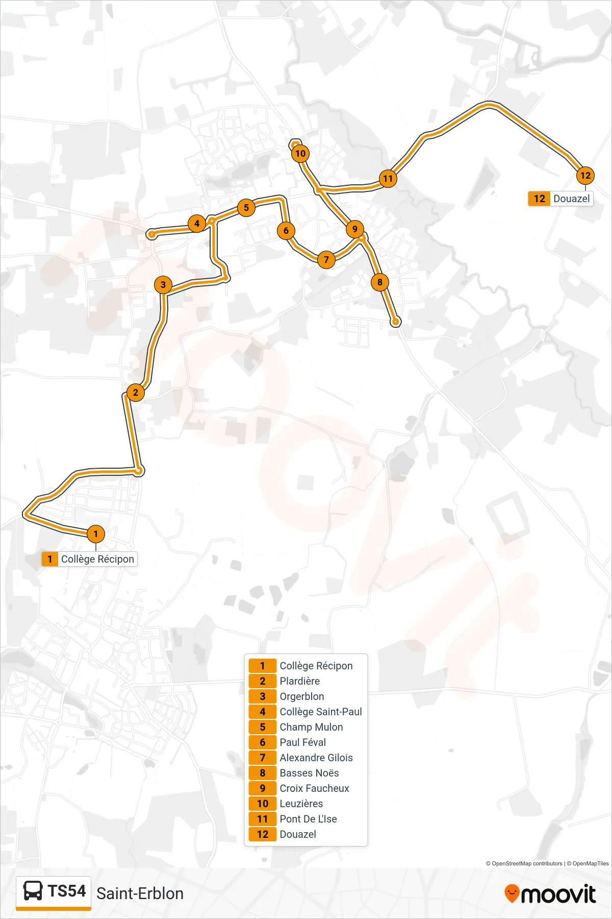 Tracé et arrêts de la ligne TS54 de bus (Saint-Erblon) sur une carte